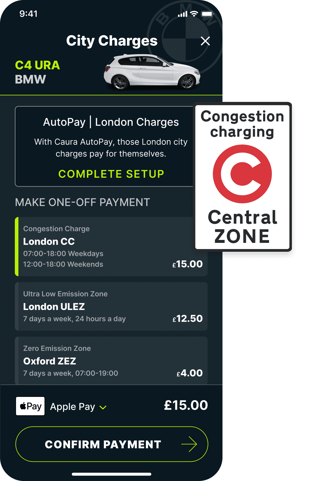 Congestion Charge in the Caura app with Congestion charge road sign