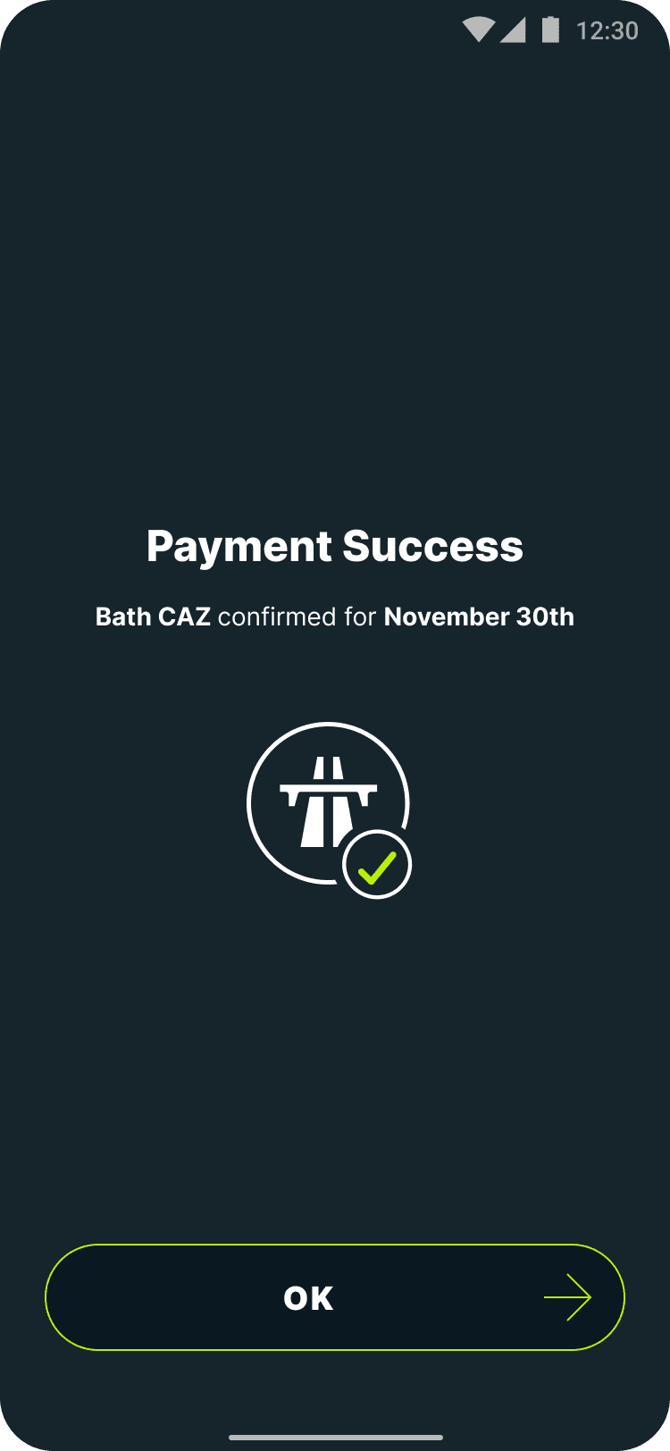 Payment success screen for the Bath Clean Air Zone charge
