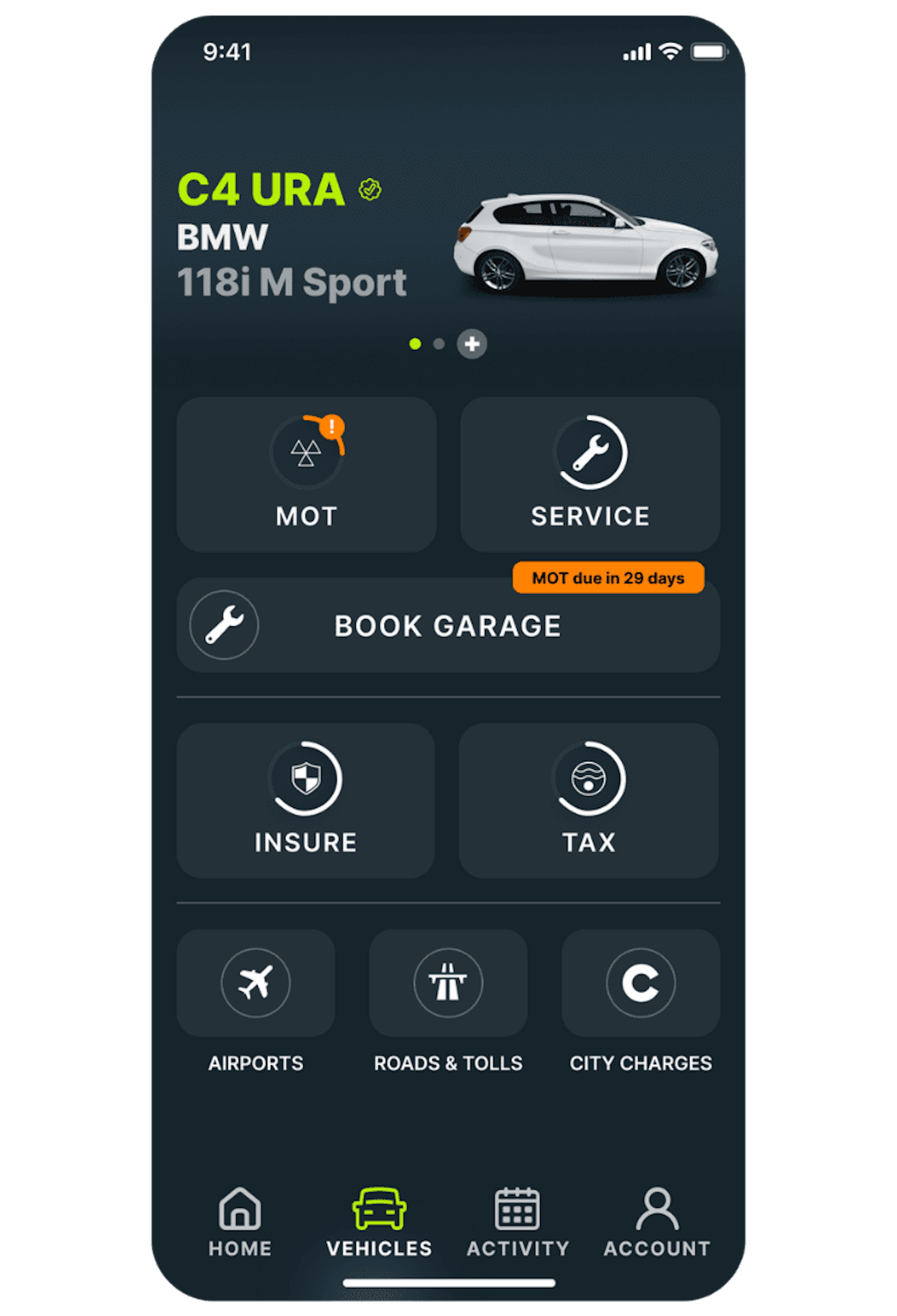 BMW home screen shown in the Caura app