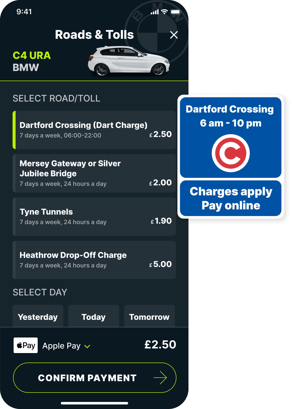 dart charge on the Caura app screen with the dartford crossing road sign