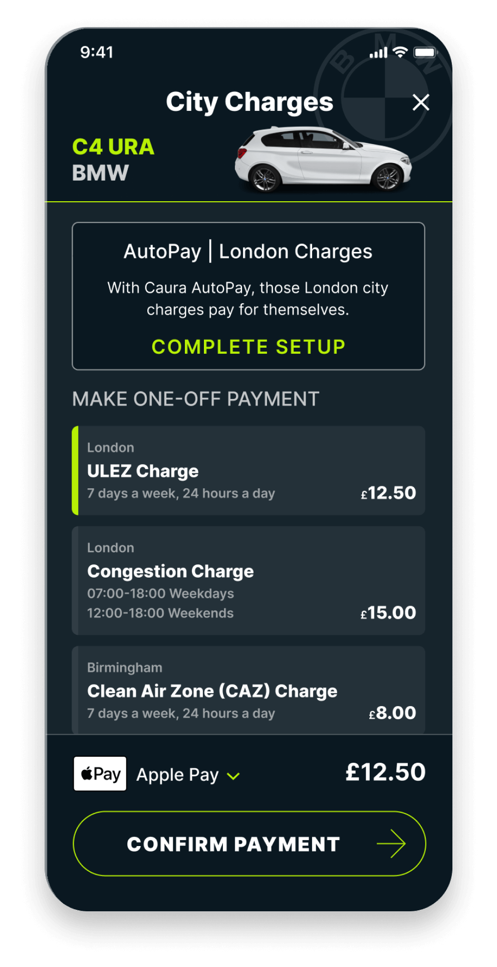 ULEZ charge showing on the Caura city charges payment screen