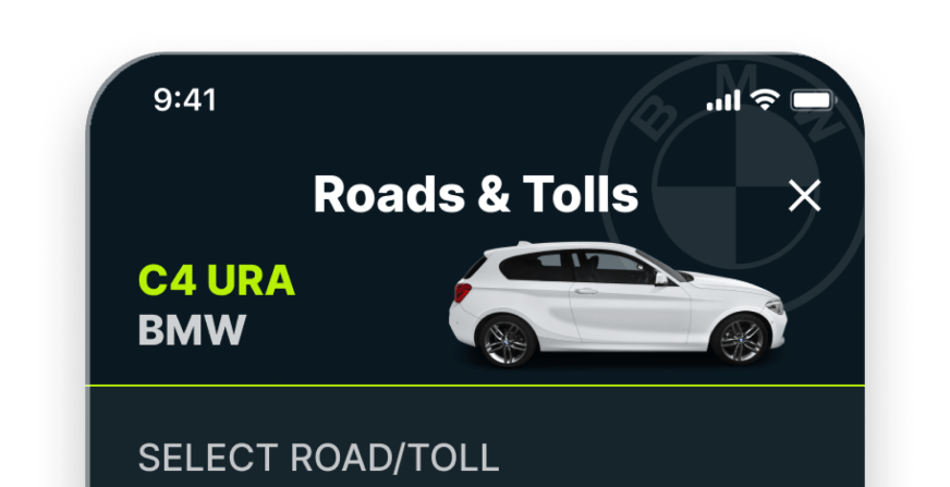 Roads and tolls screen header on Caura app