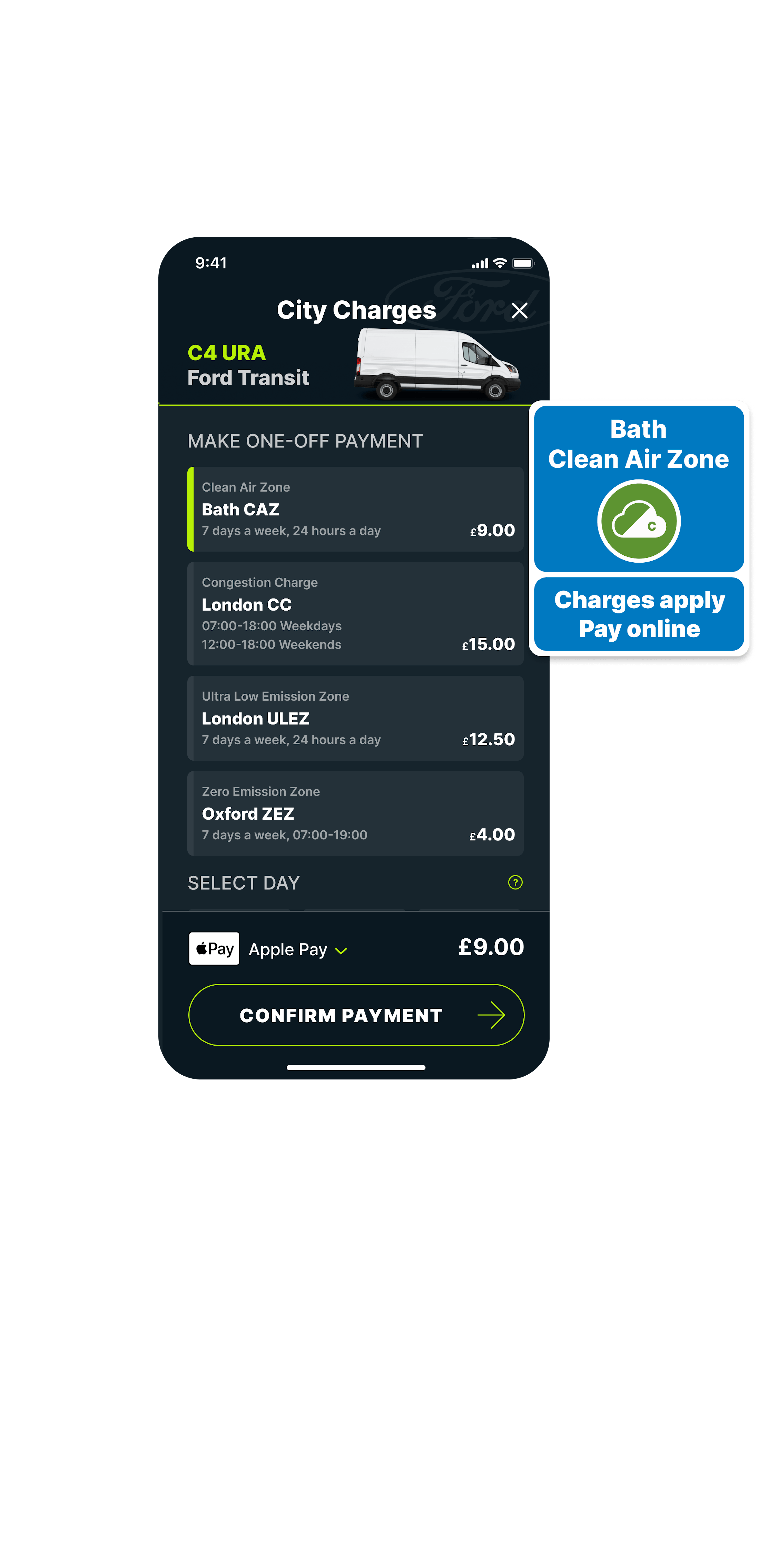 City charges screen in the Caura app showing the Bath CAZ charge and CAZ road sign