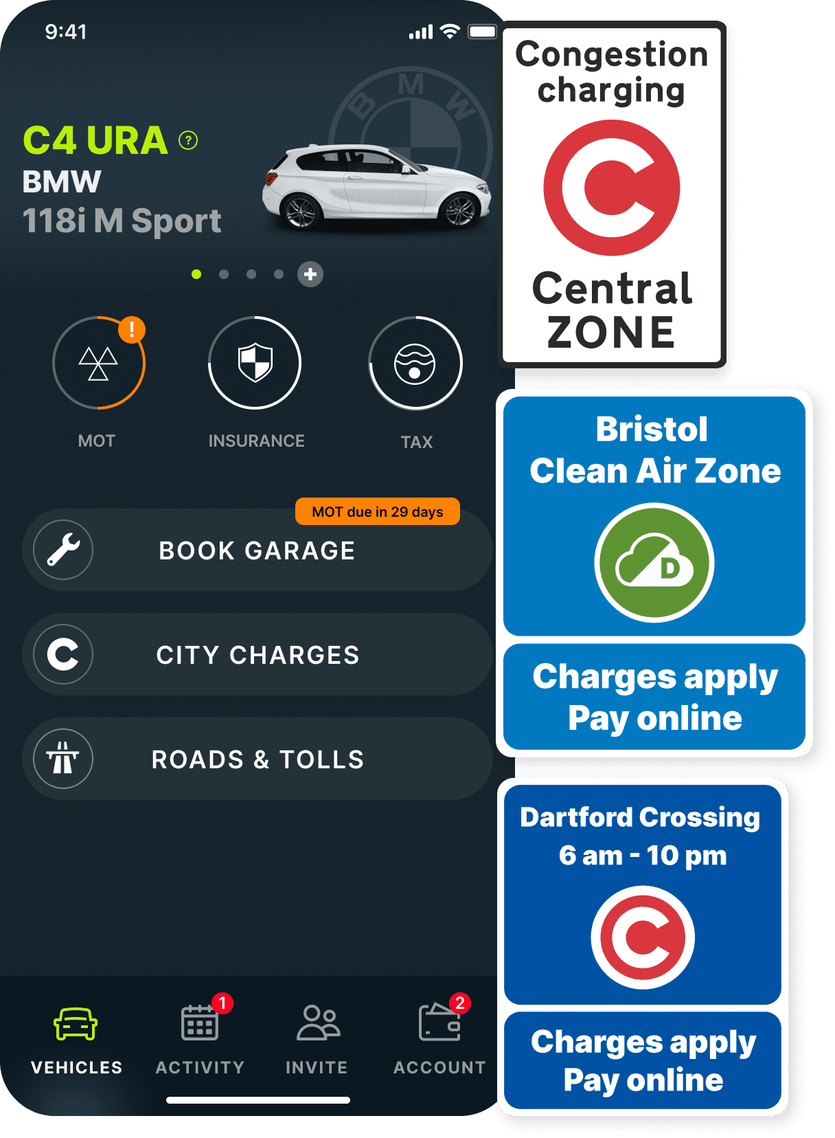 Caura home screen showing MOT, insurance and tax features as well road signs that are examples of charges you can pay in the app