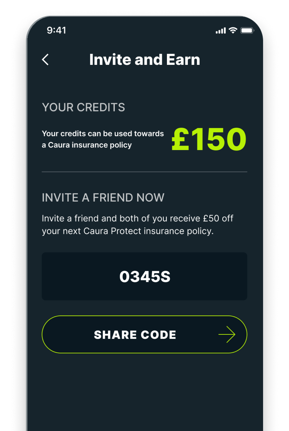 The Invite screen on Caura's mobile app, where you can invite friends to earn £50!