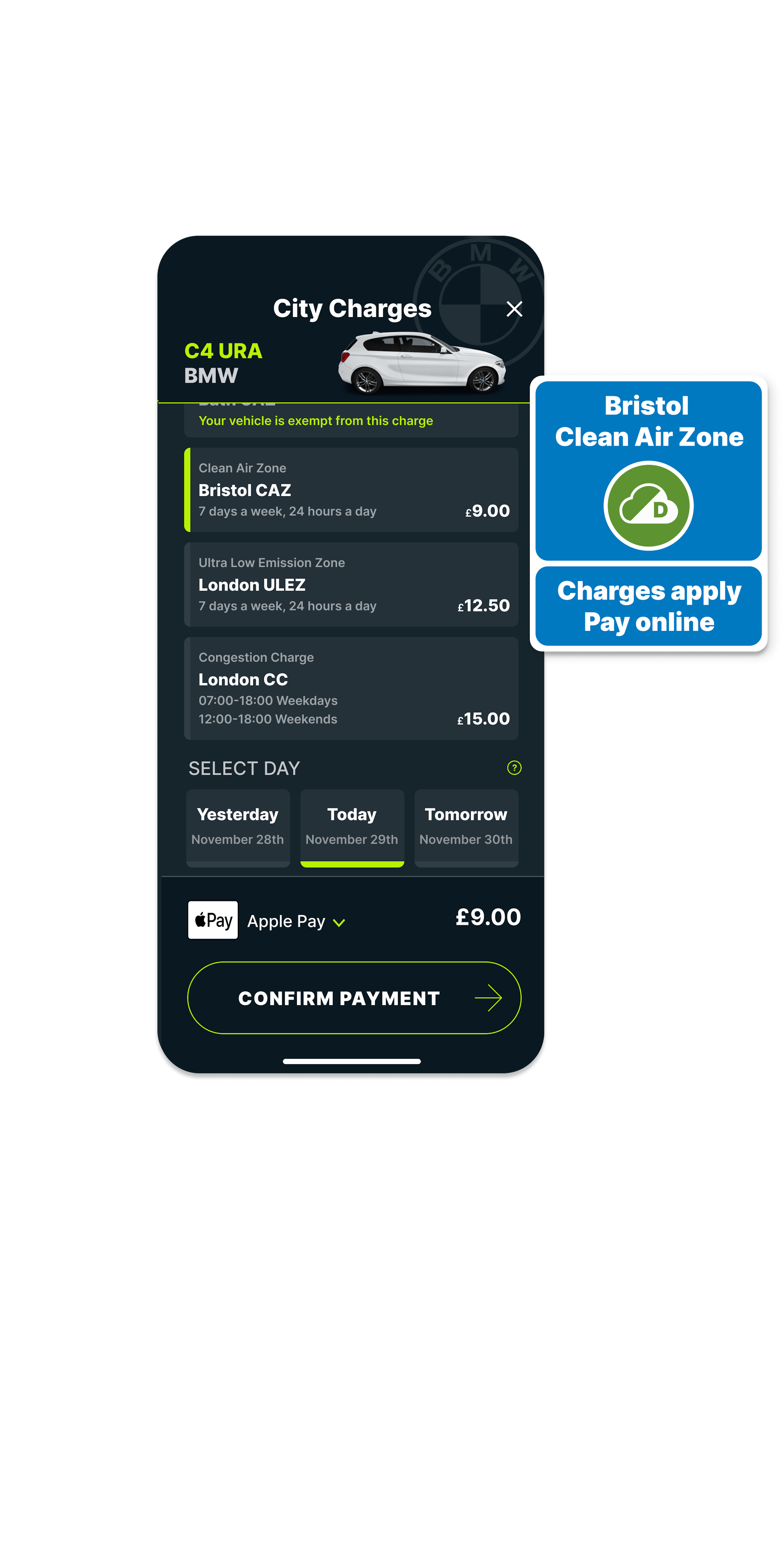 City Charges screen in the Caura app showing Bristol CAZ charge and CAZ road sign