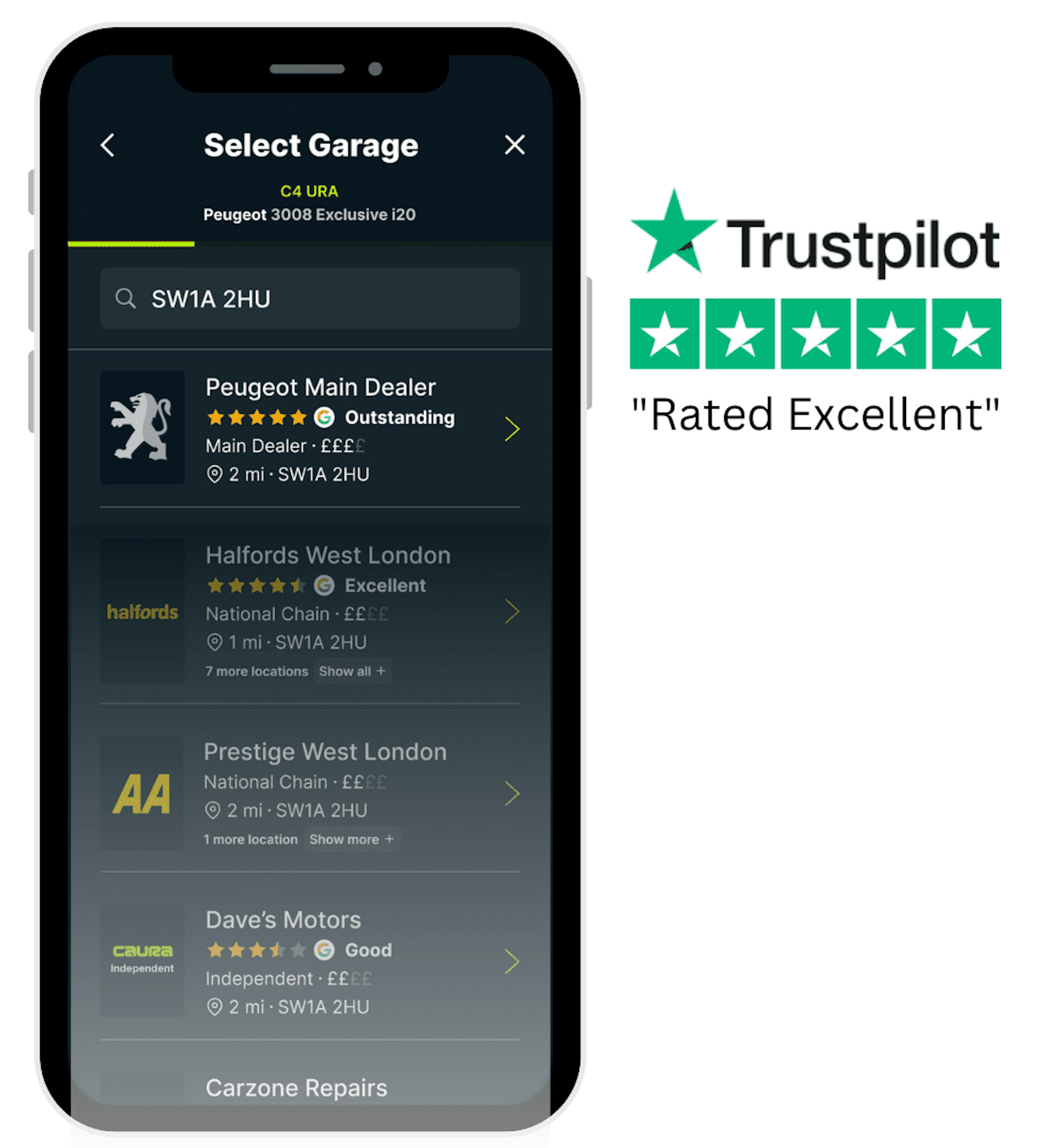 Peugeot main dealer garage shown in Caura app