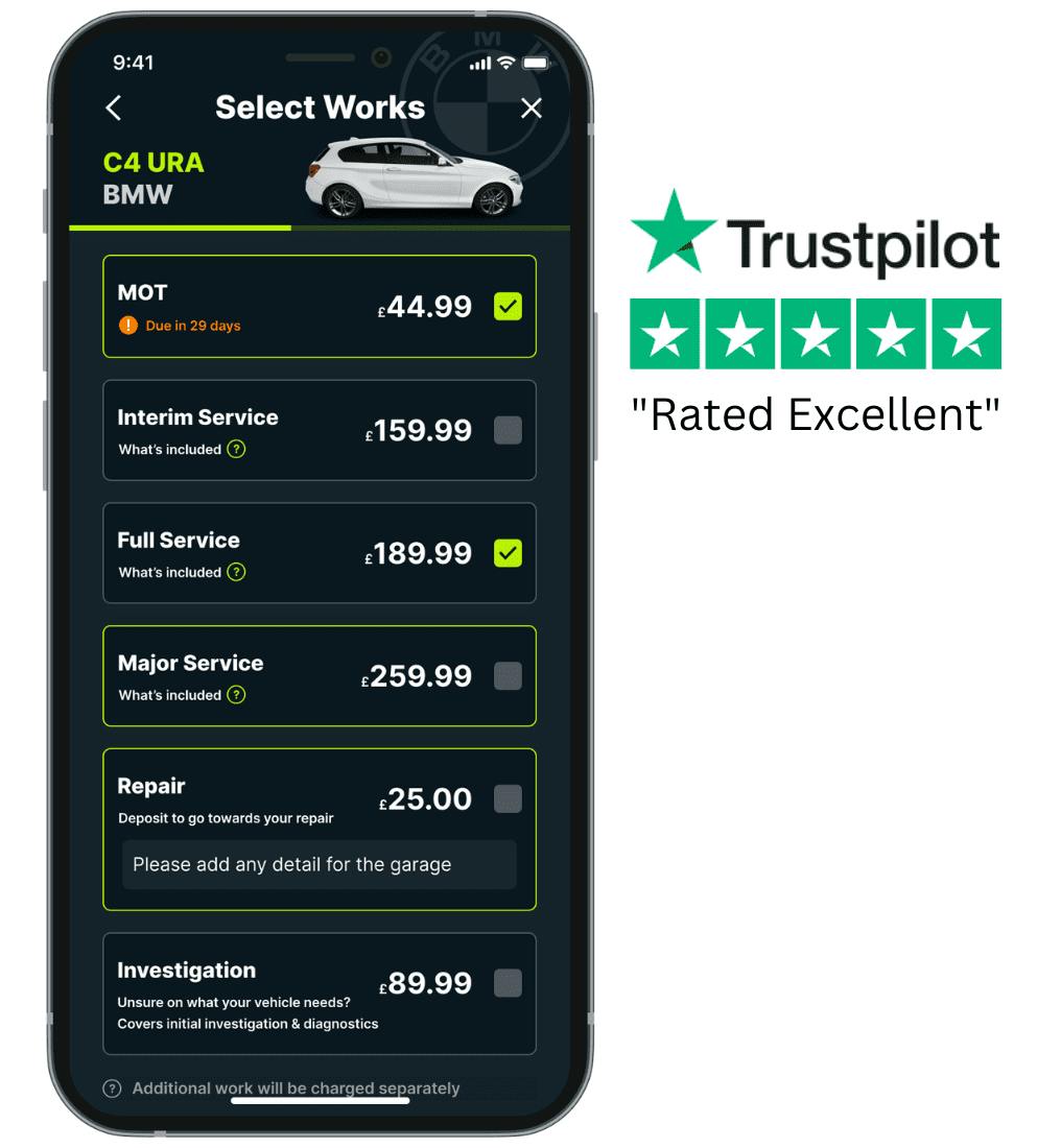 Caura app where users can select if they want an MOT, service or repair - the image also has trustpilot social proofing