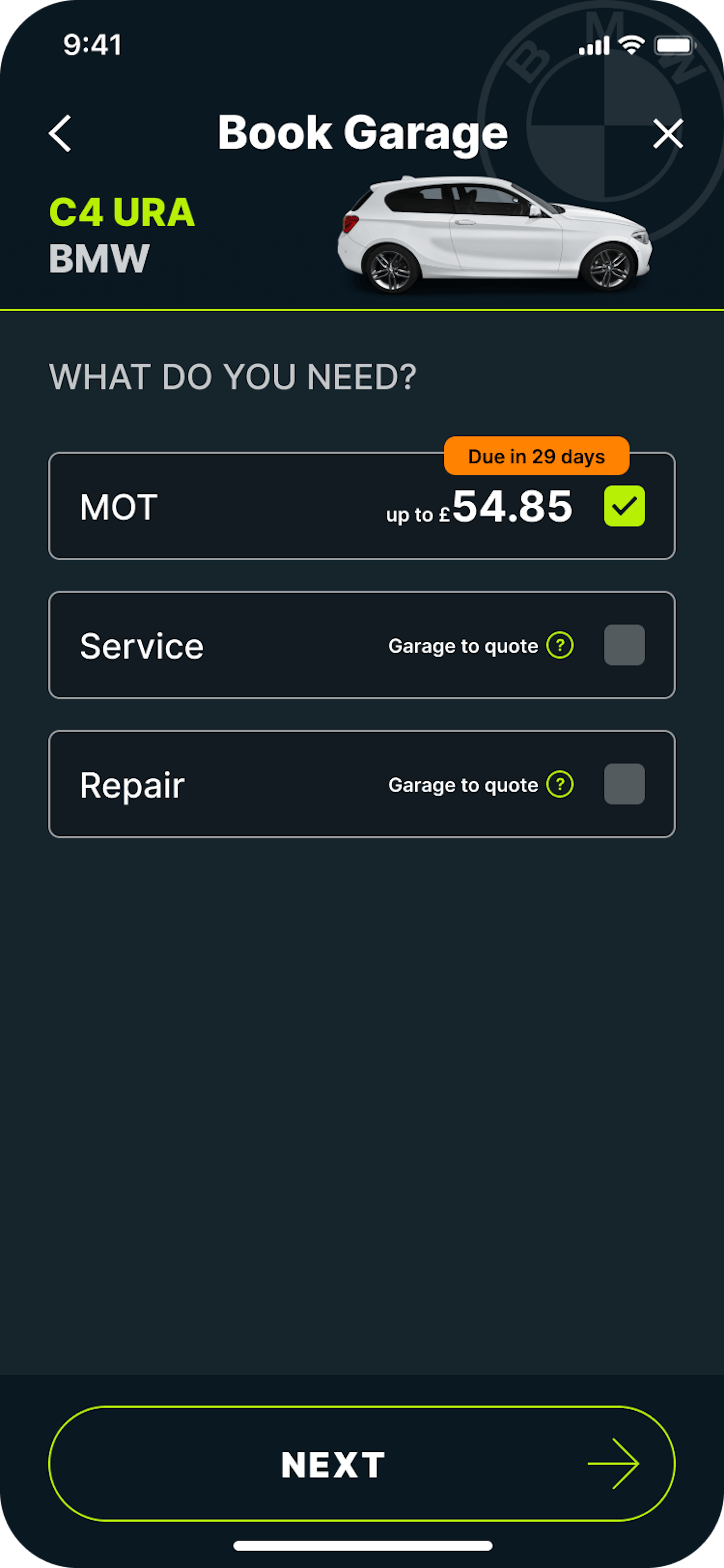 Caura Book Garage screen showing option for user to choose whether they want an MOT, car service or repair