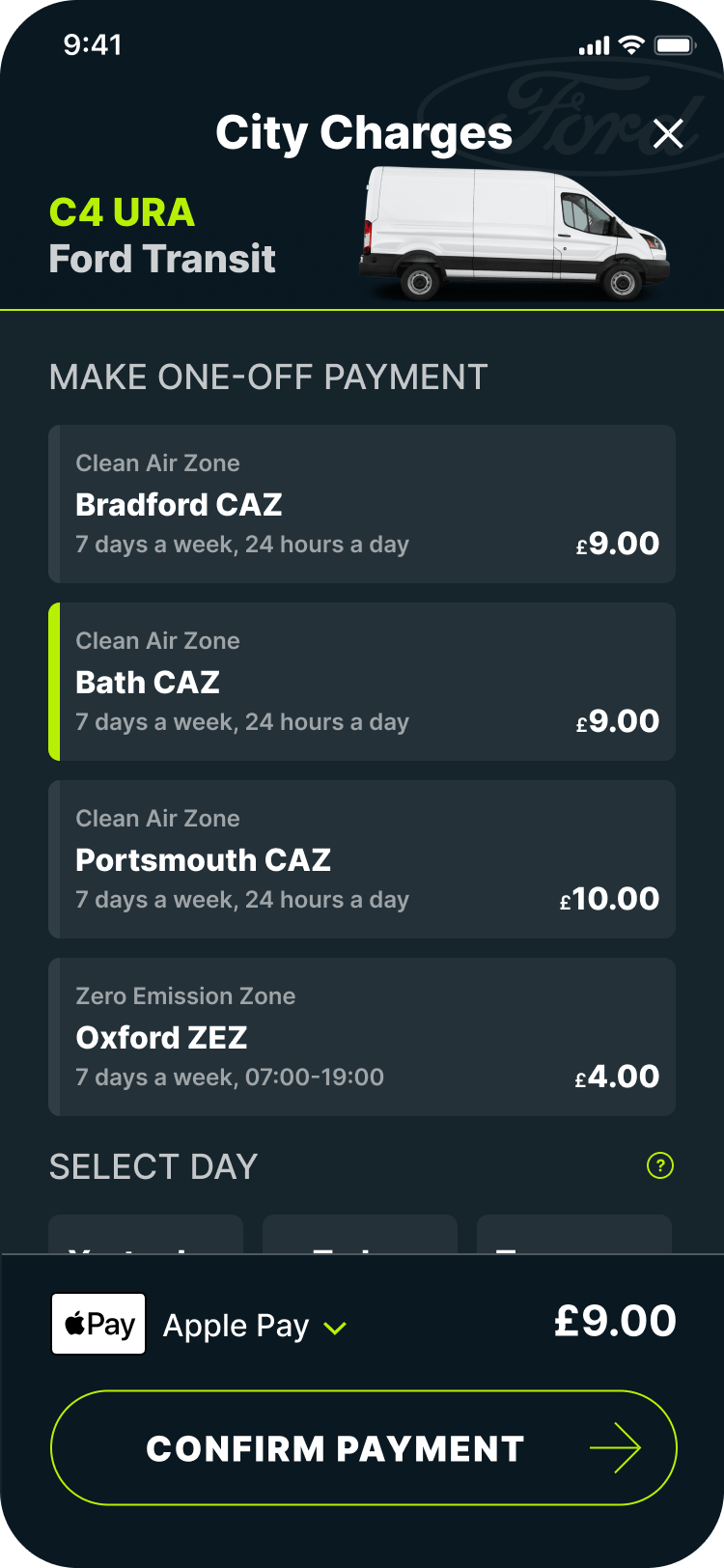 Pay for all commercial zones including Bath, Portsmouth and Bradford in the Caura app