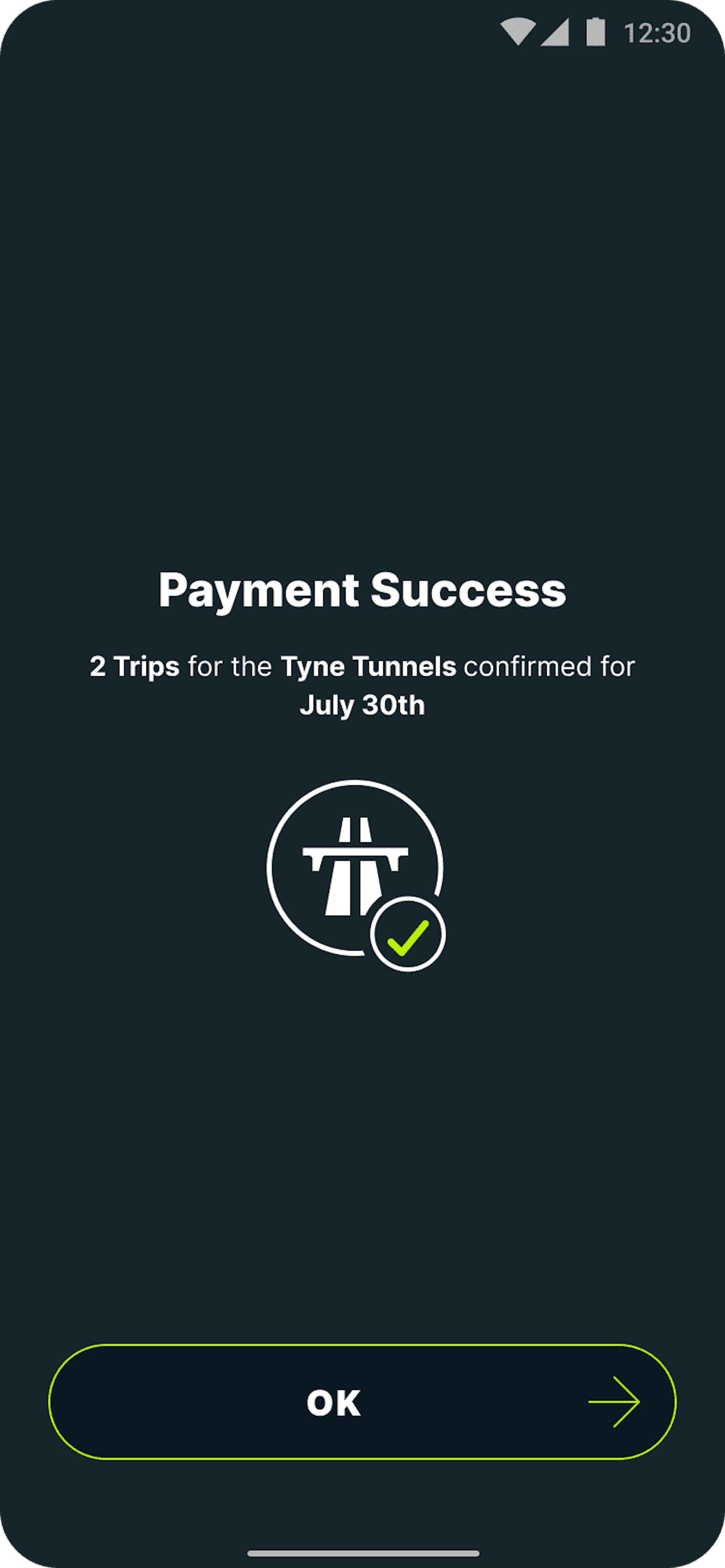 Tyne Tunnels payment confirmation screen Caura app