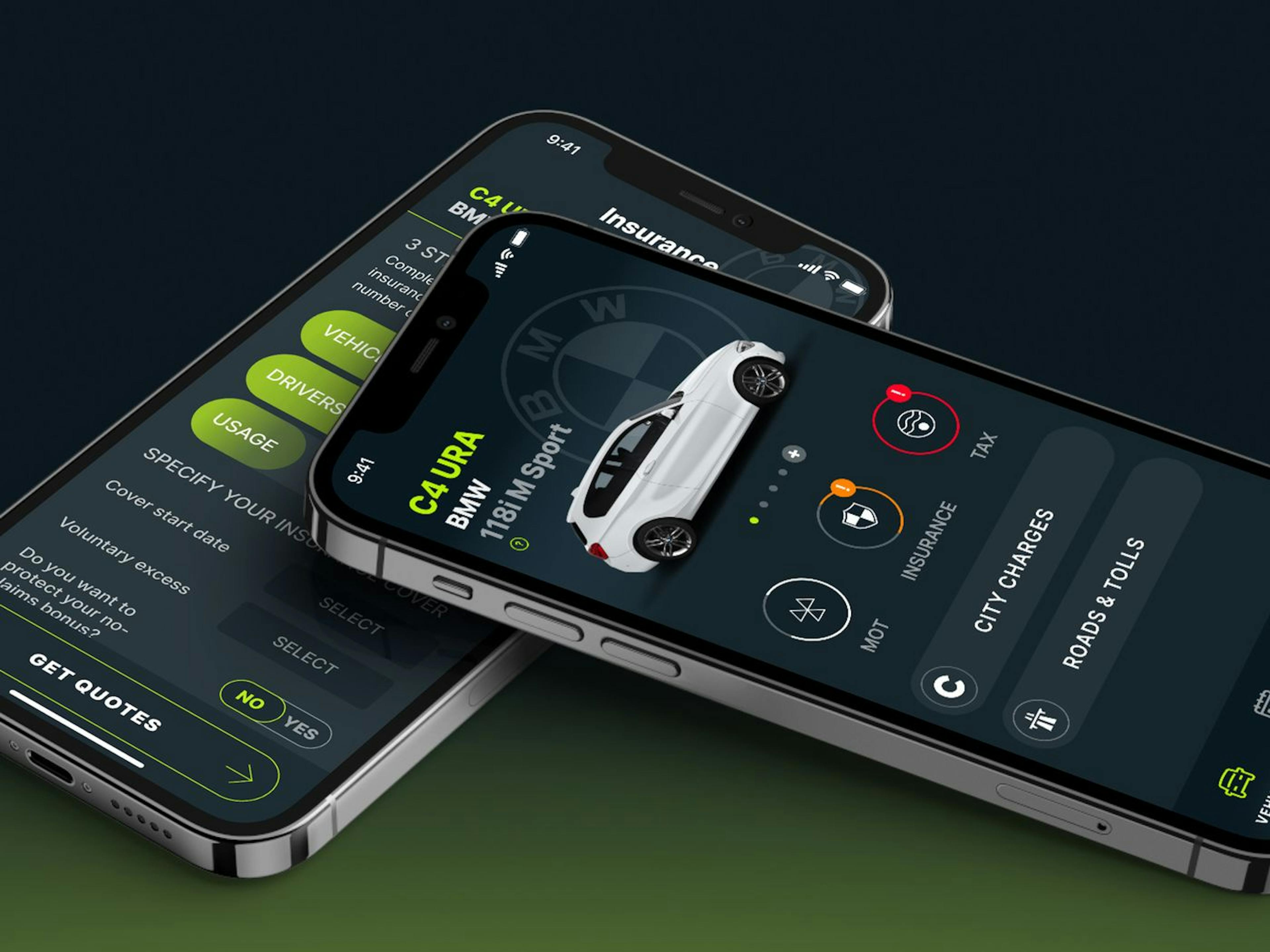 Caura app showing home screen and insurance quote screen