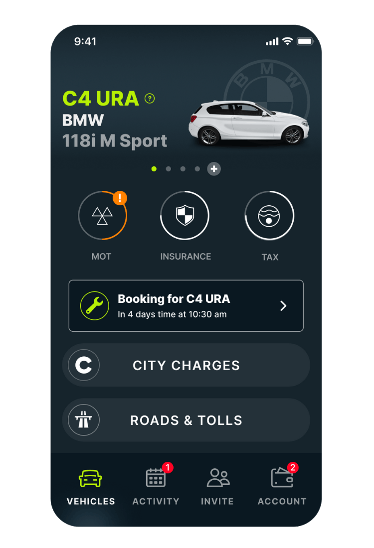 Caura home screen showing garage booking reminder prompt