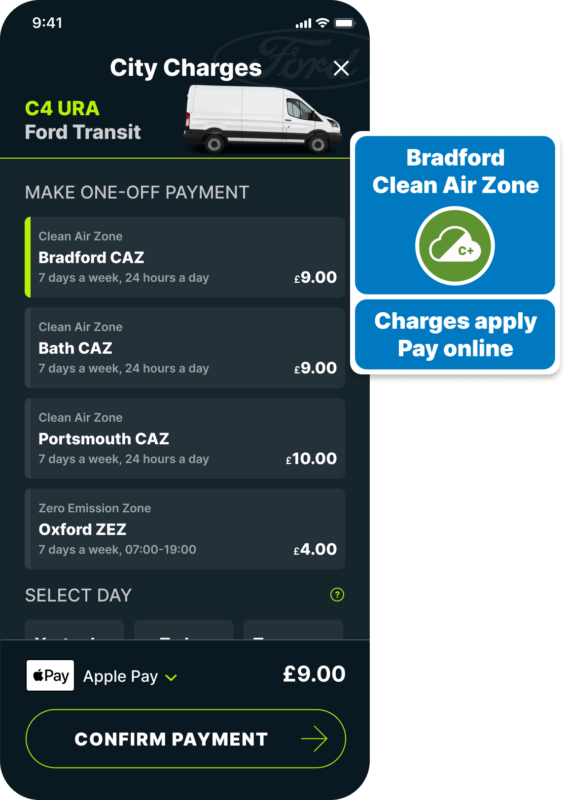 Caura app screen showing payment options for Bradford, Portsmouth & Bath Clean Air Zones