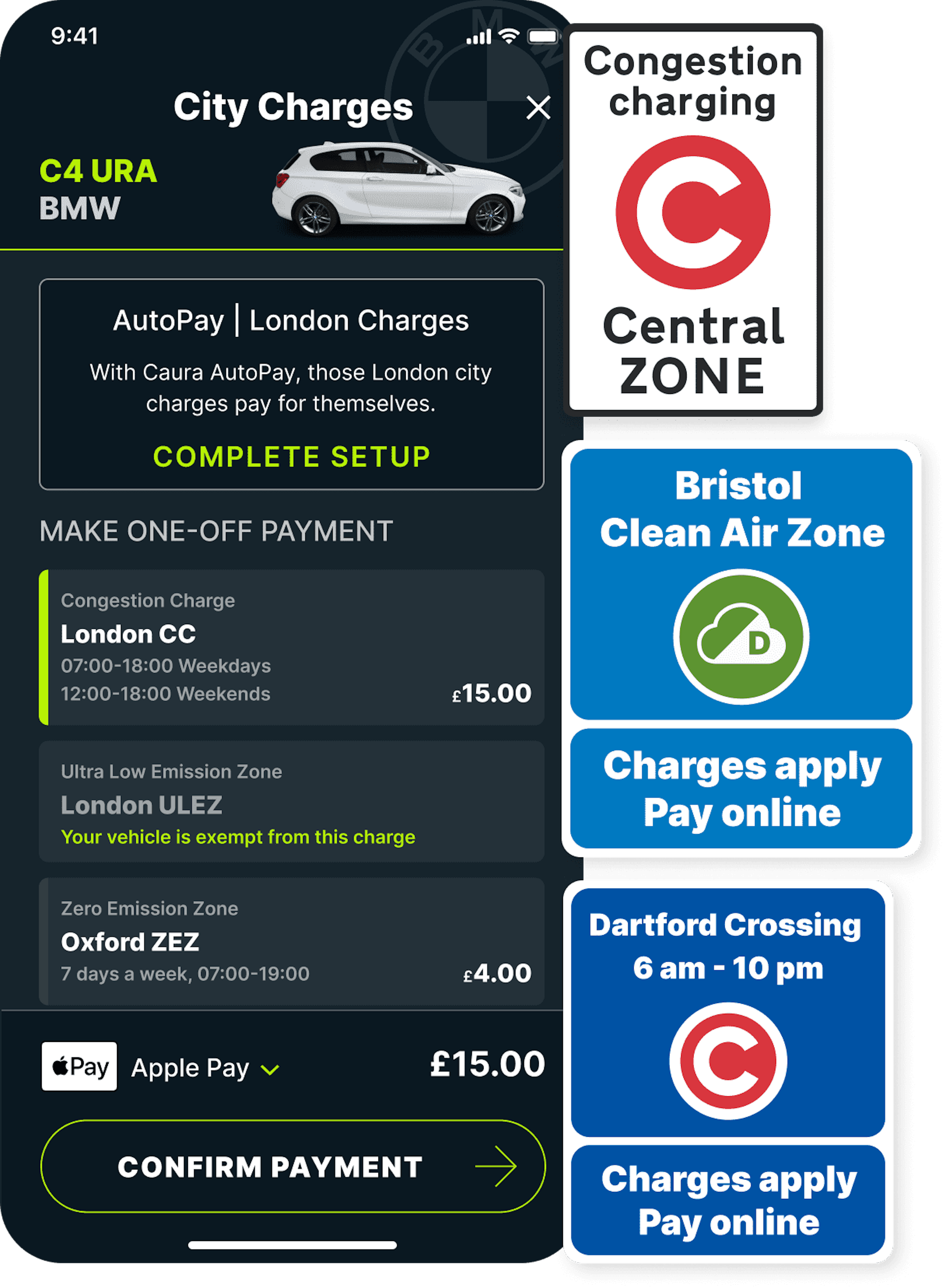 Caura payment screen with multiple charges and road signs
