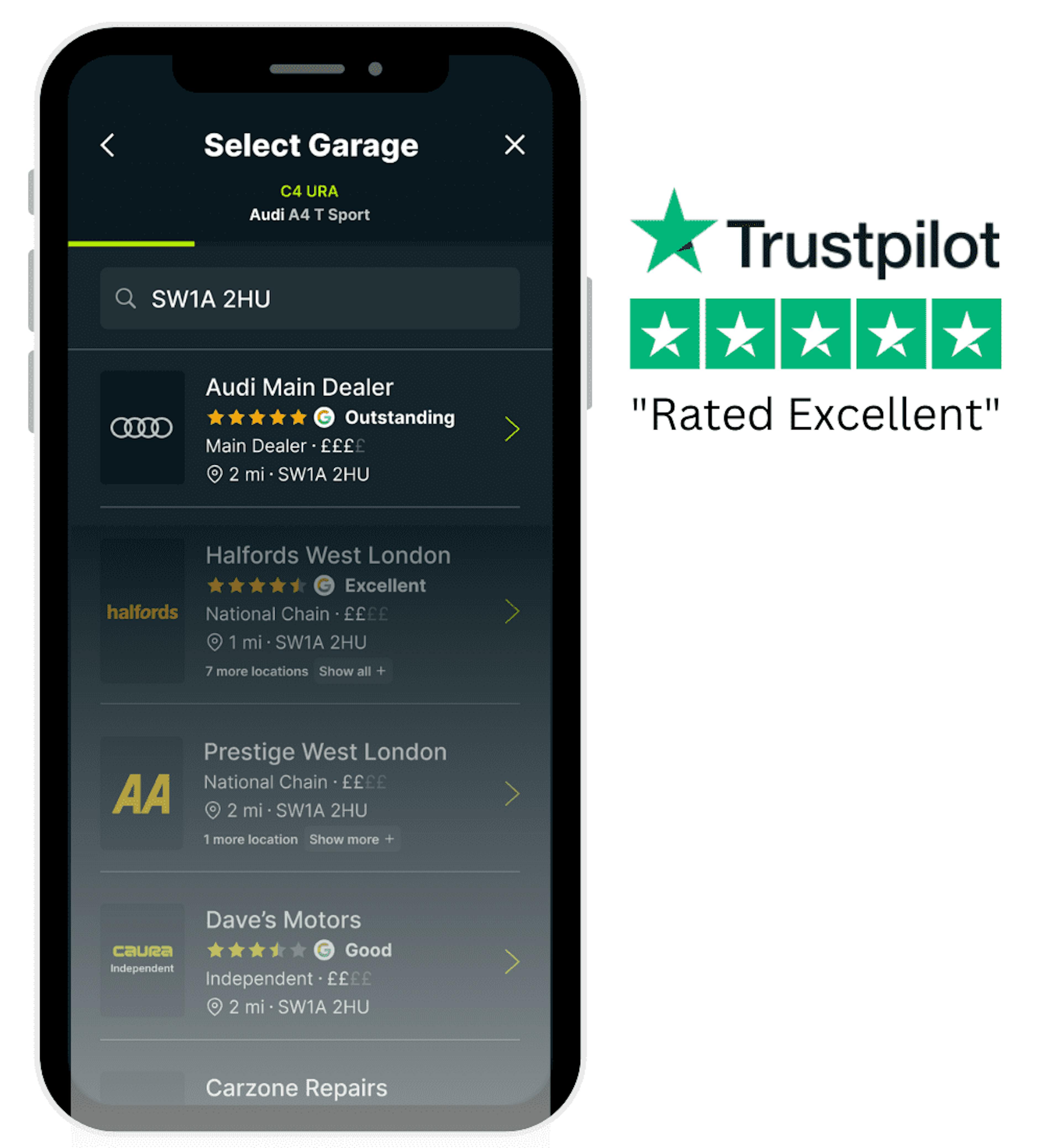 Caura app showing nearest Audi main dealer