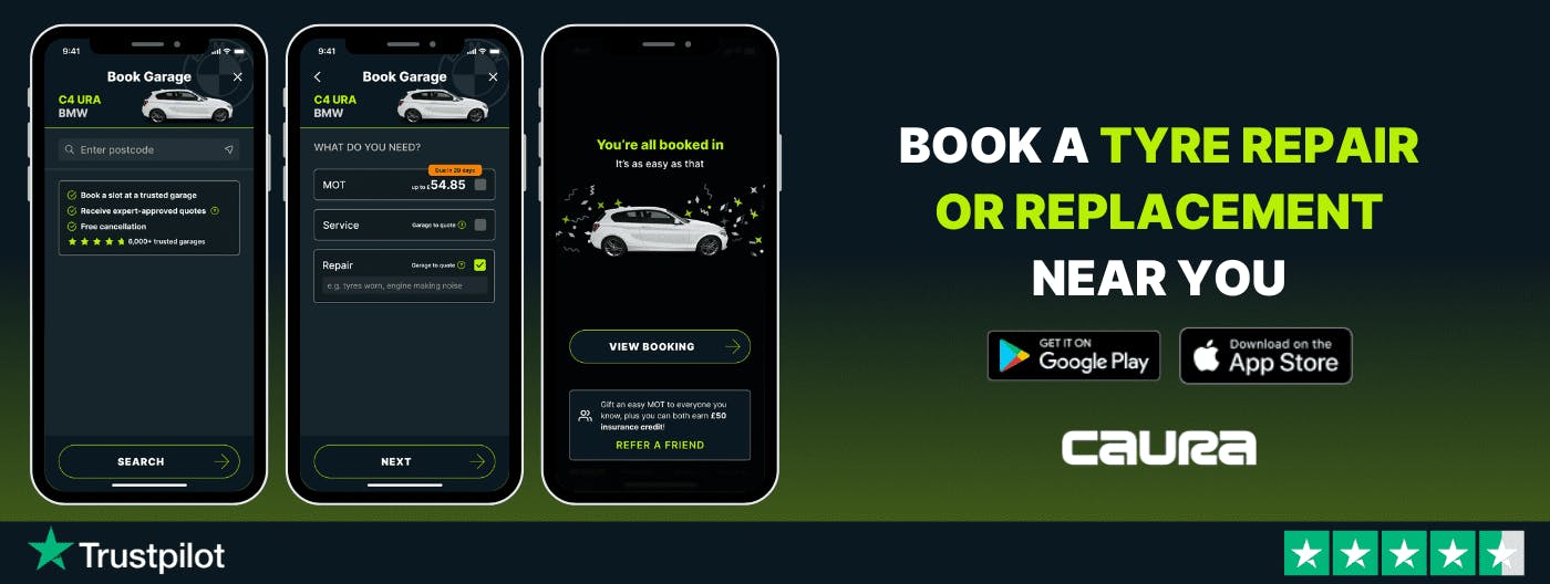 Banner showing how you can book a tyre repair or replacement in Caura