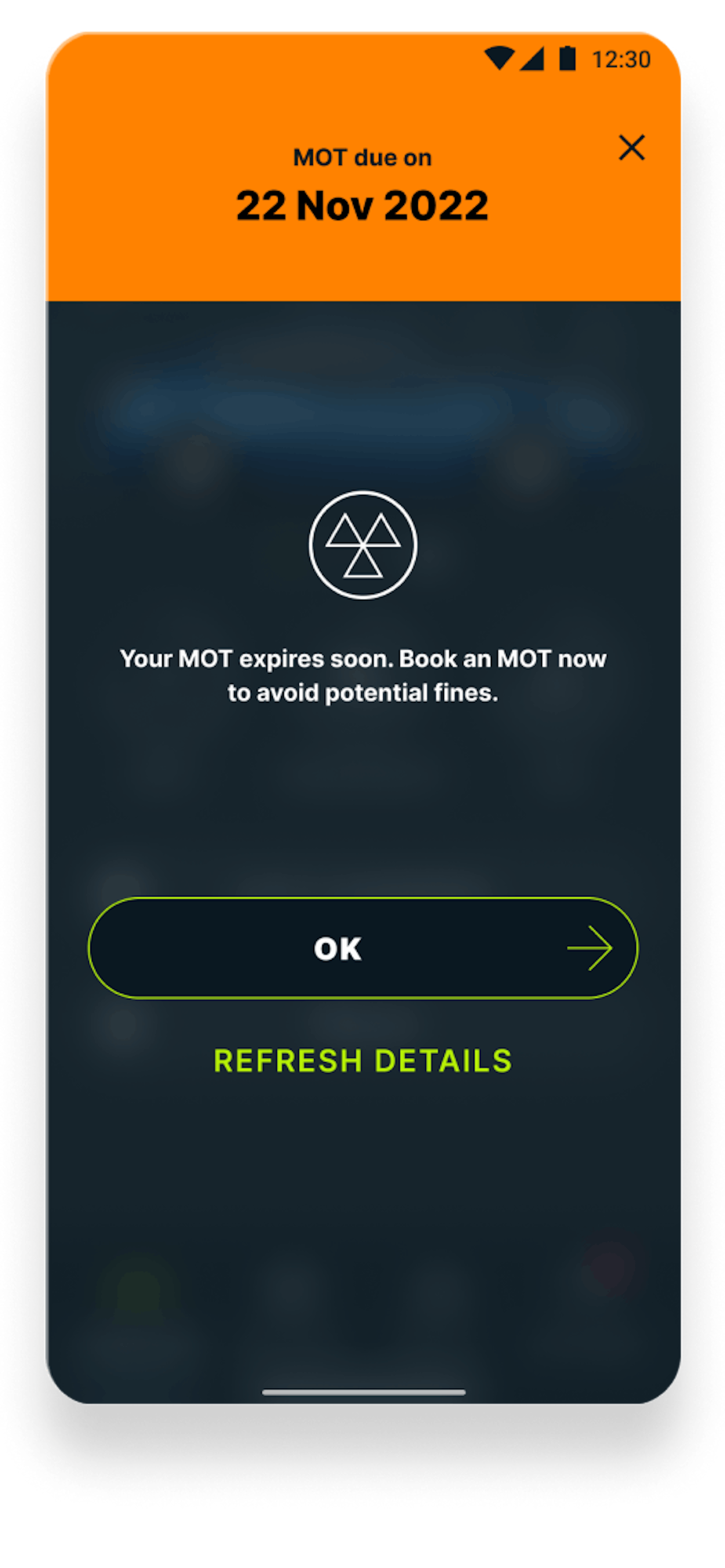MOT renewal screen in the Caura app