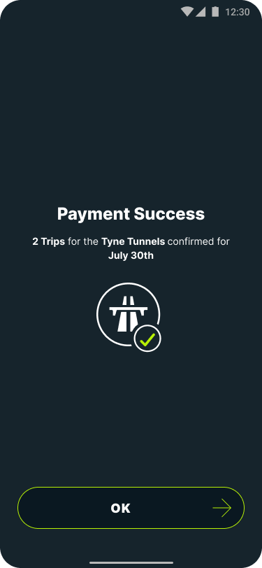Tyne Tunnels payment confirmation screen Caura app