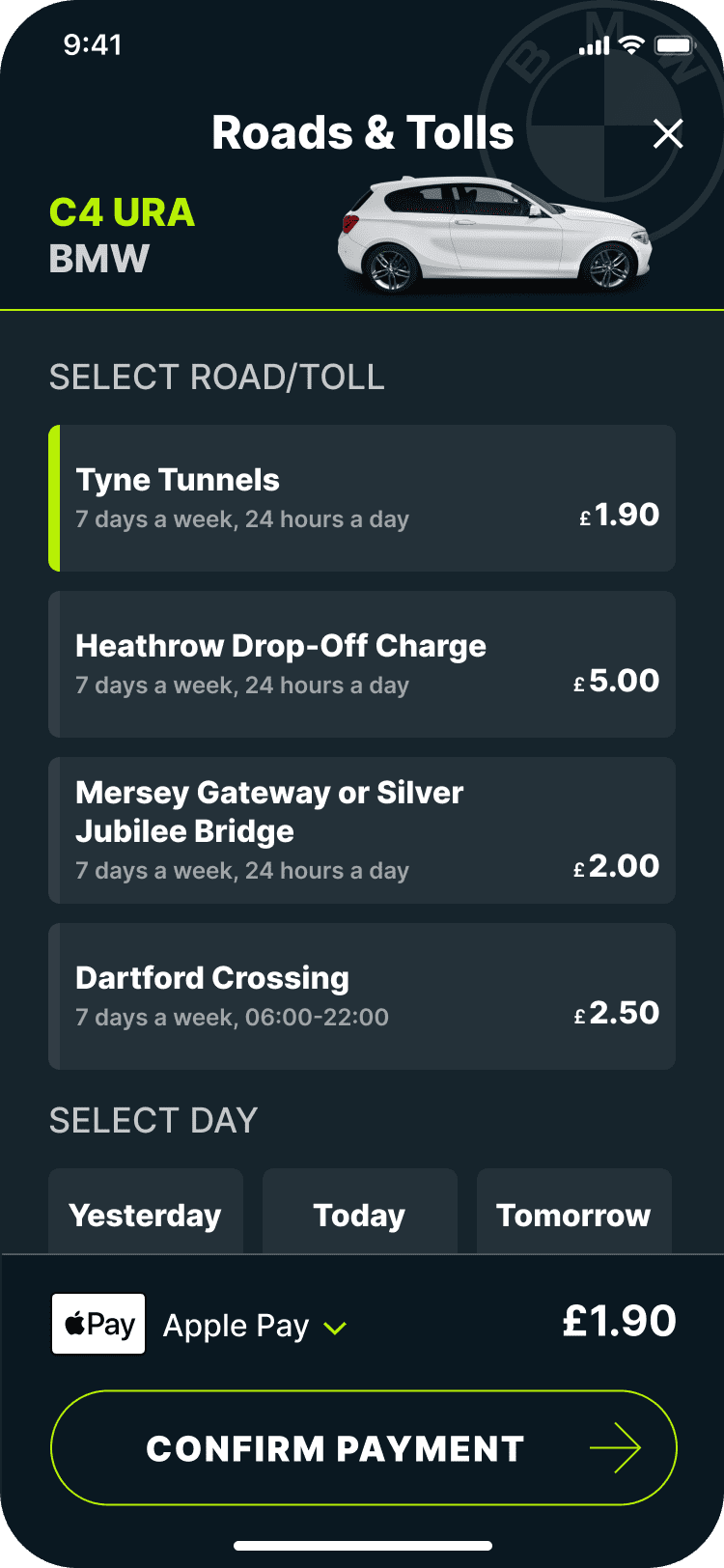 Tyne Tunnels payment screen on Caura app