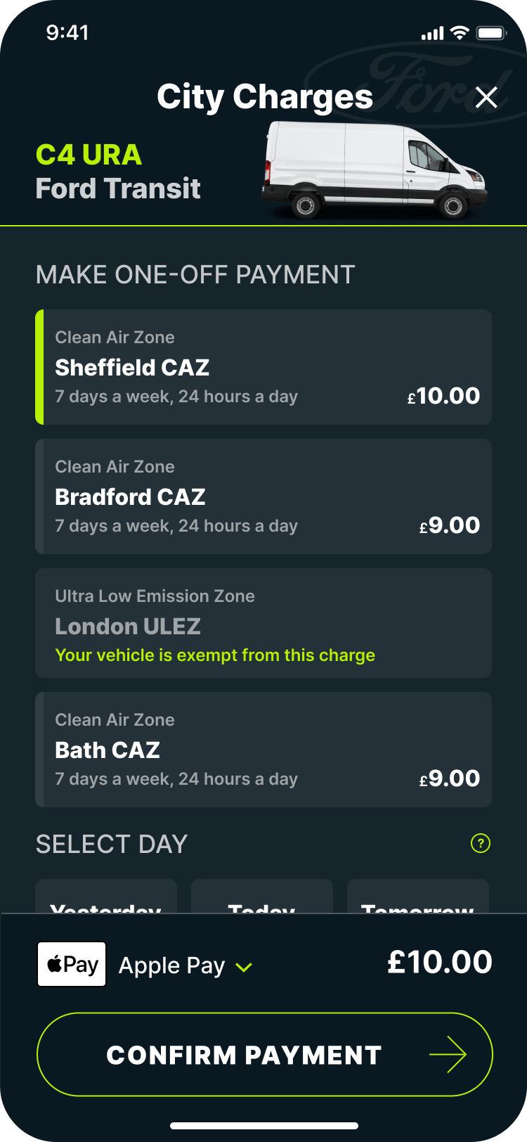 'City Charges' screen in the Caura app showing the Sheffield Clean Air Zone charge