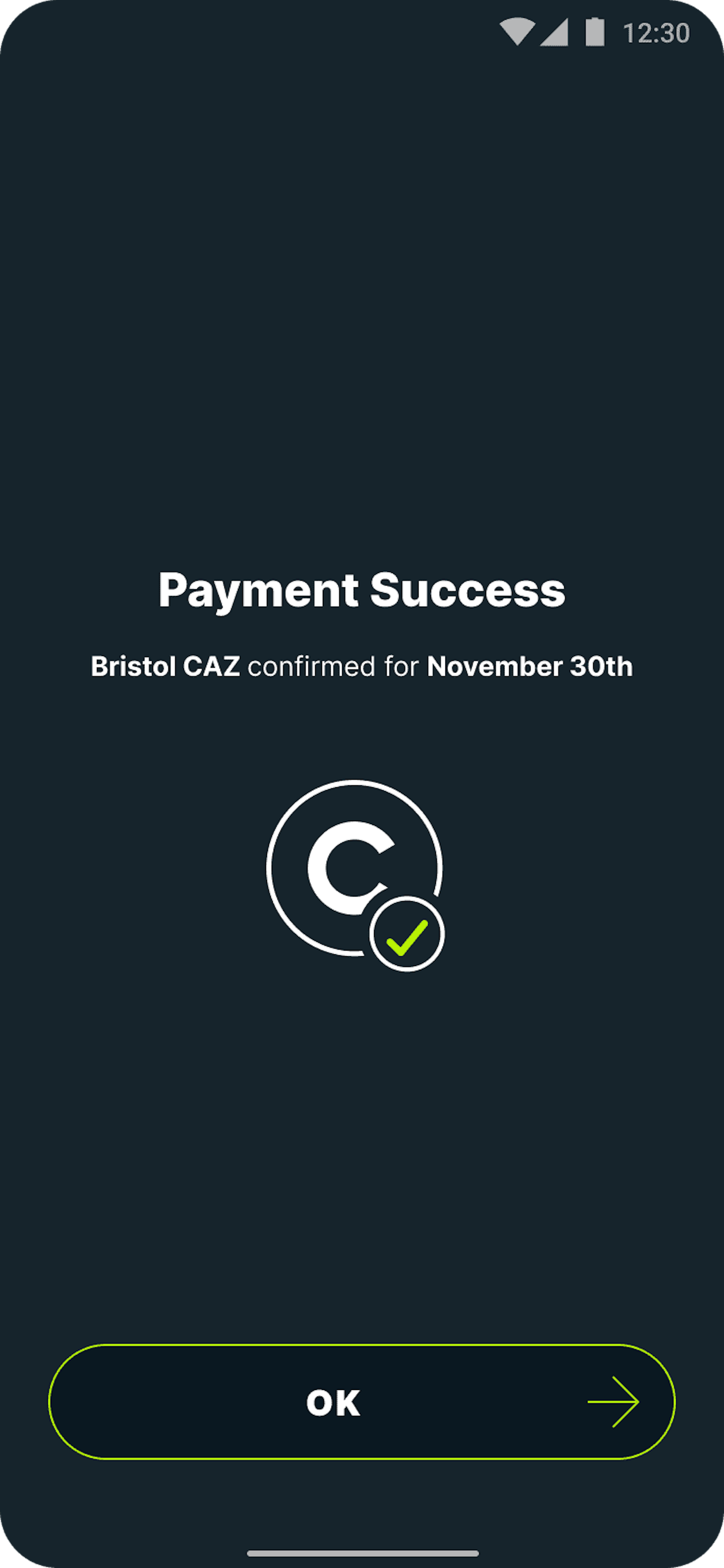 Payment success screen for the Bristol CAZ in Caura
