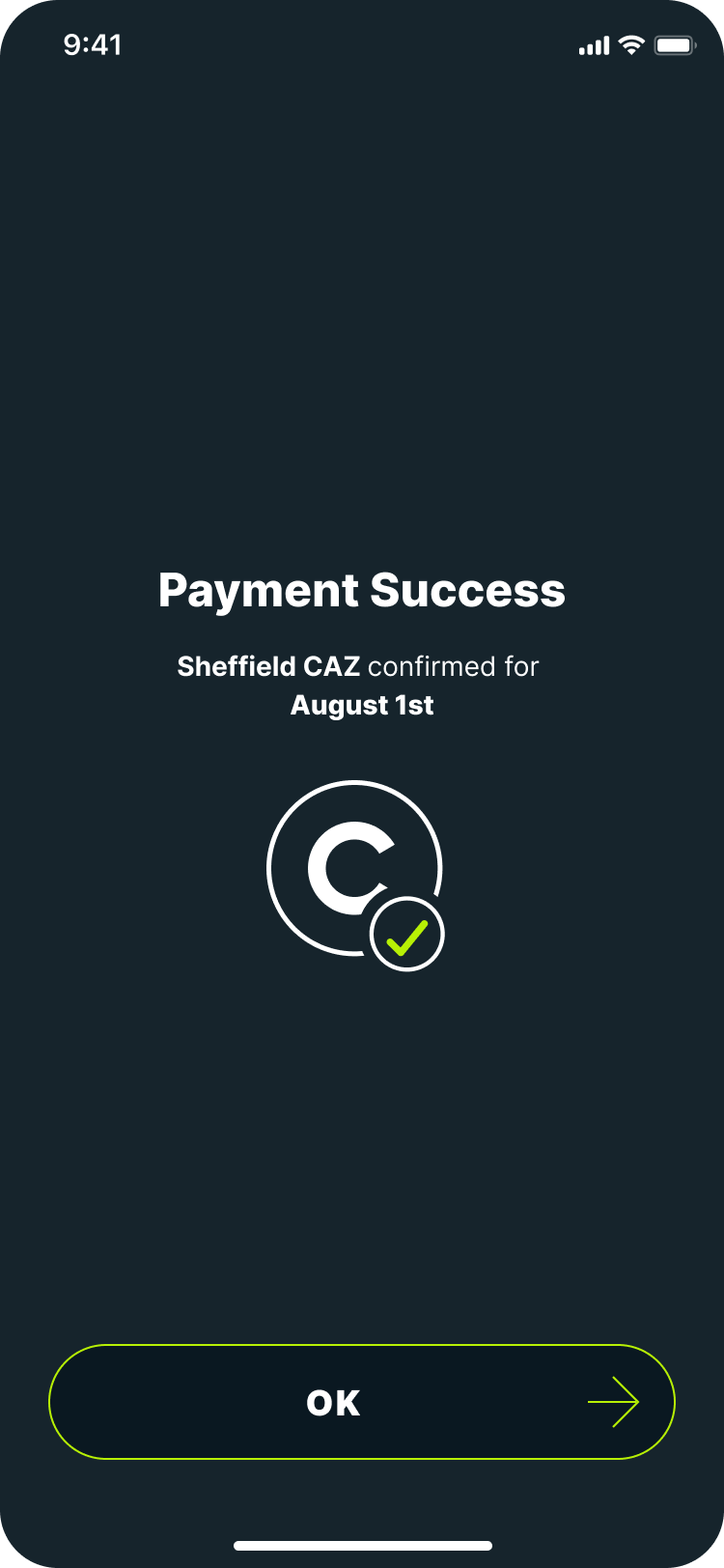 Caura app screen showing successful payment of the Sheffield CAZ charge