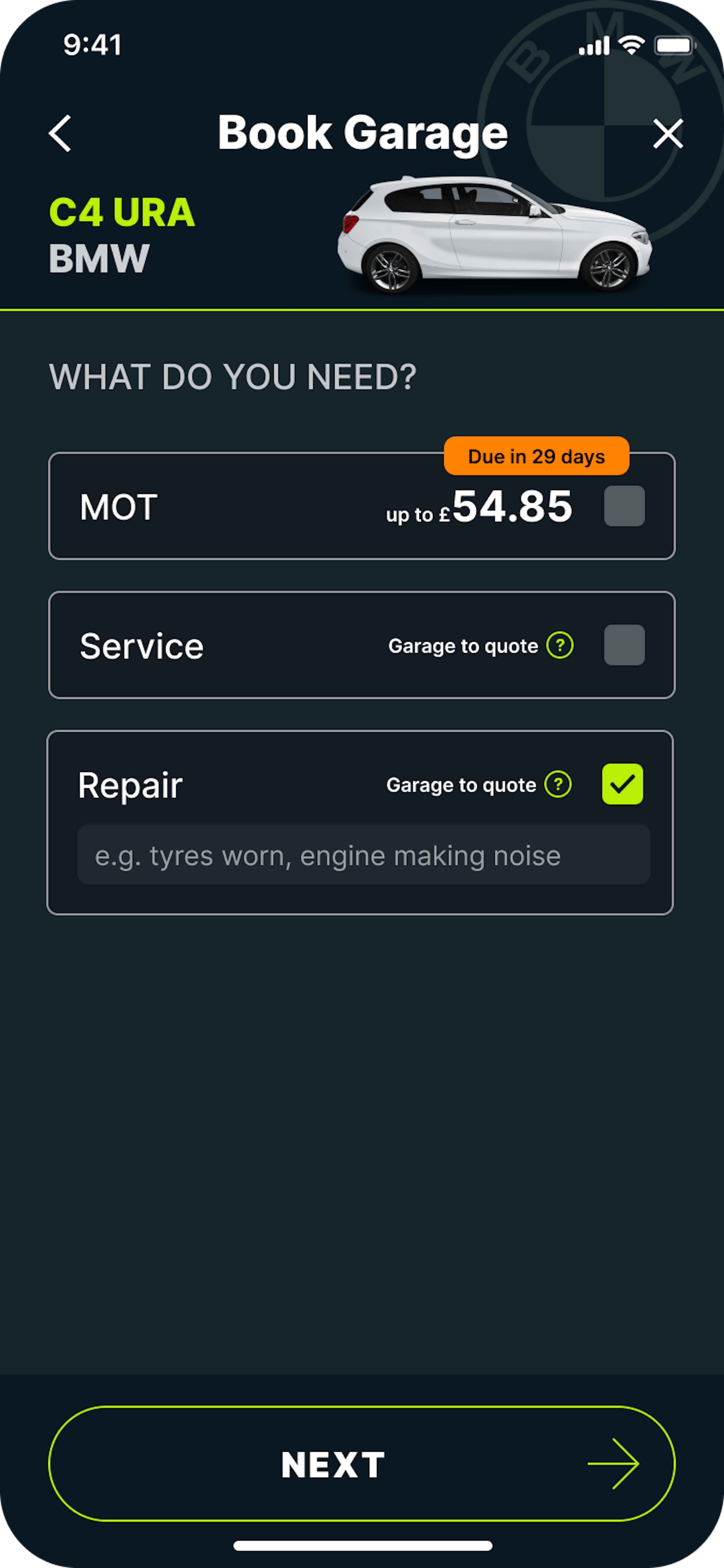 Caura Book Garage screen showing option for user to choose whether they want an MOT, car repair or service