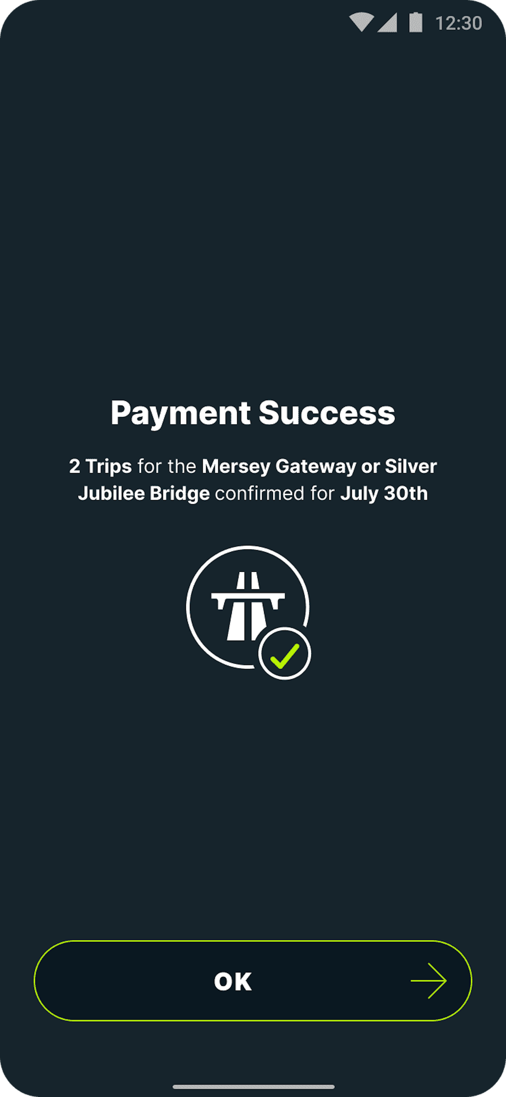 Payment confirmation for silver jubilee bridge and mersey gateway on Caura app