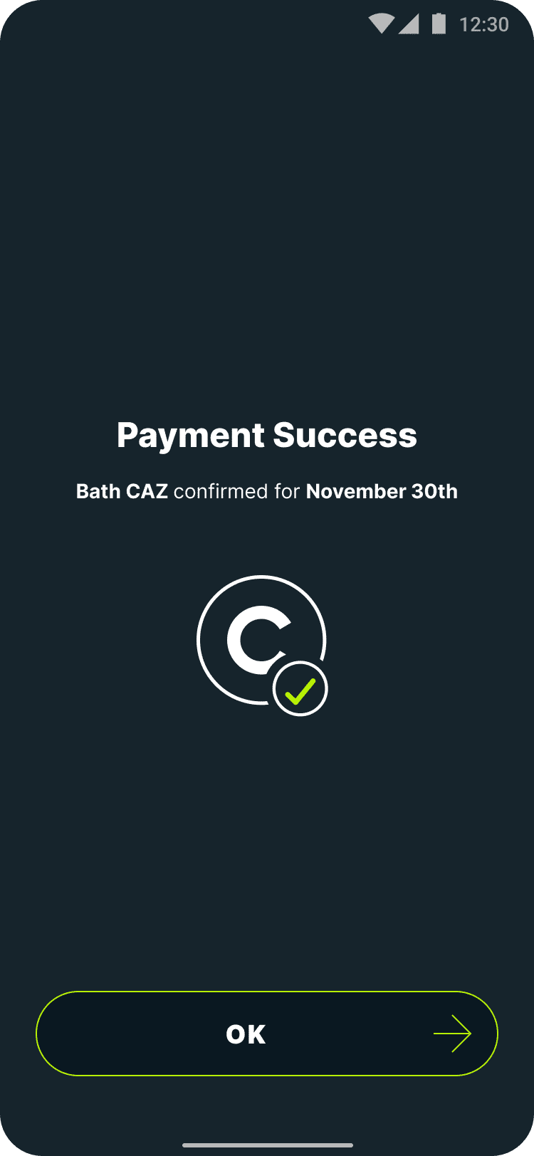 Caura app screen showing successful payment of the Bath CAZ charge