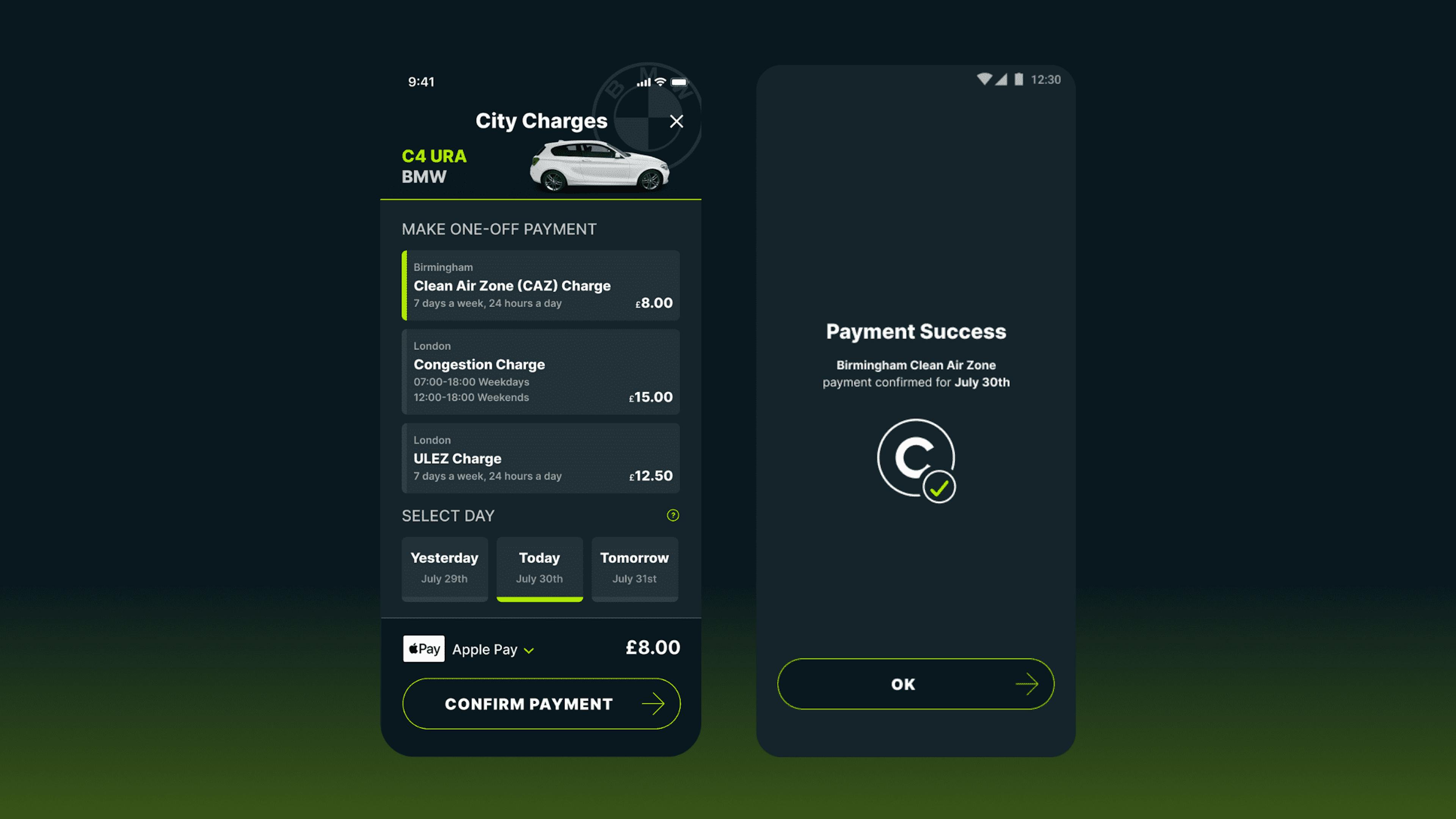 Caura payment screen and payment success screen for the Birmingham CAZ charge