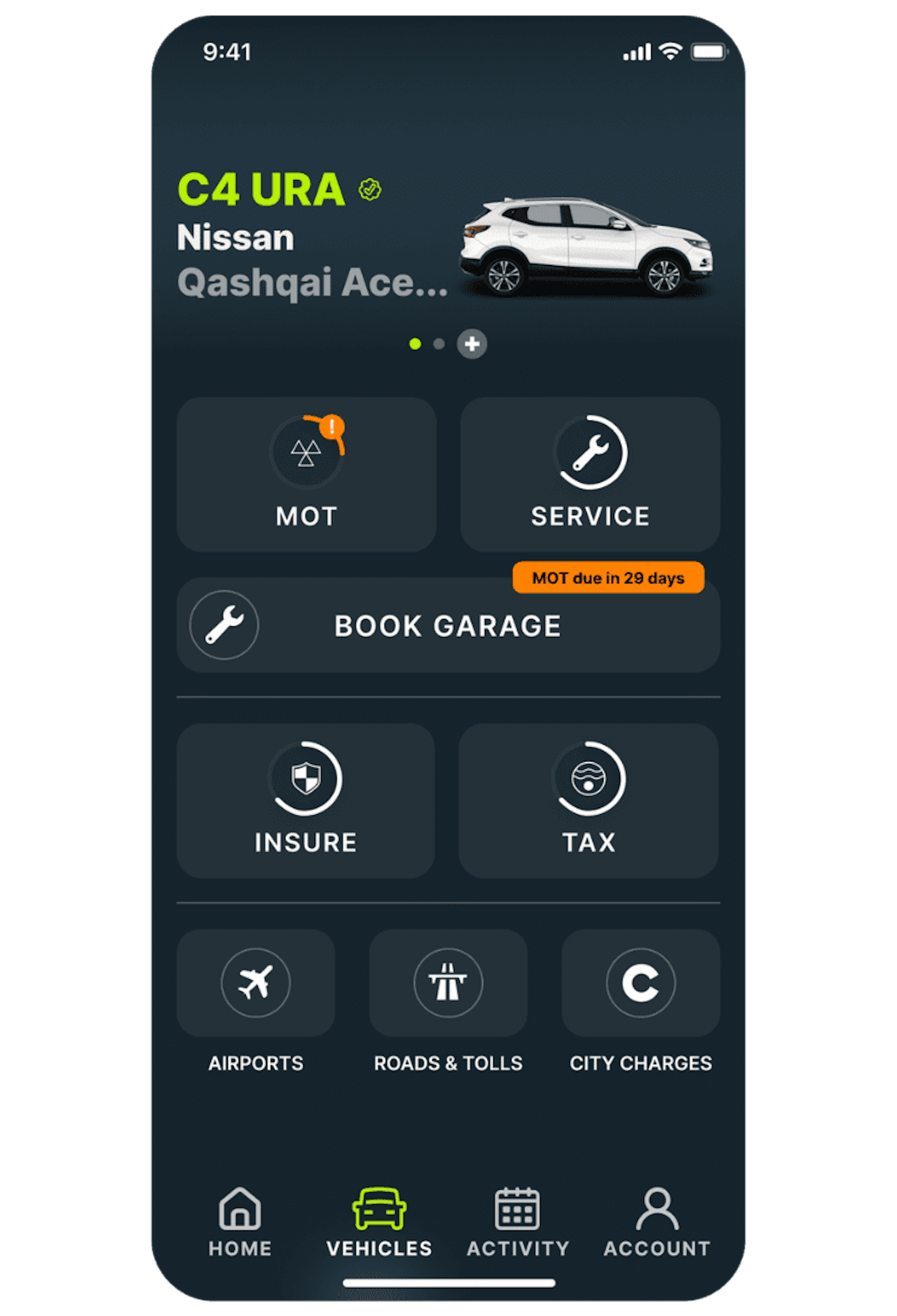 Nissan home screen in the Caura app