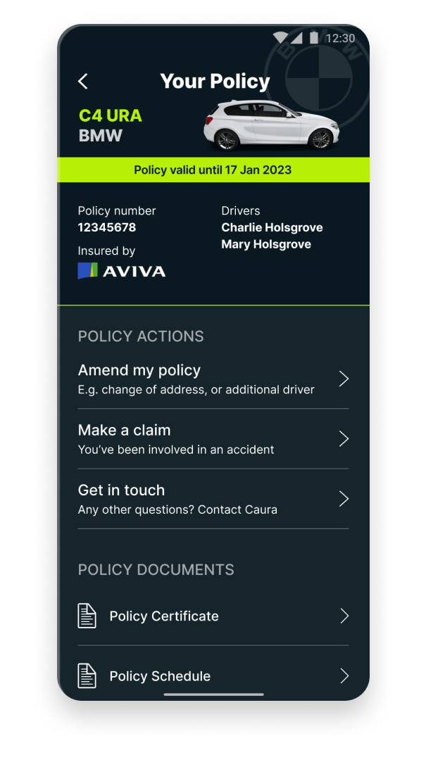 Policy detail screen to manage your car insurance policy on Caura