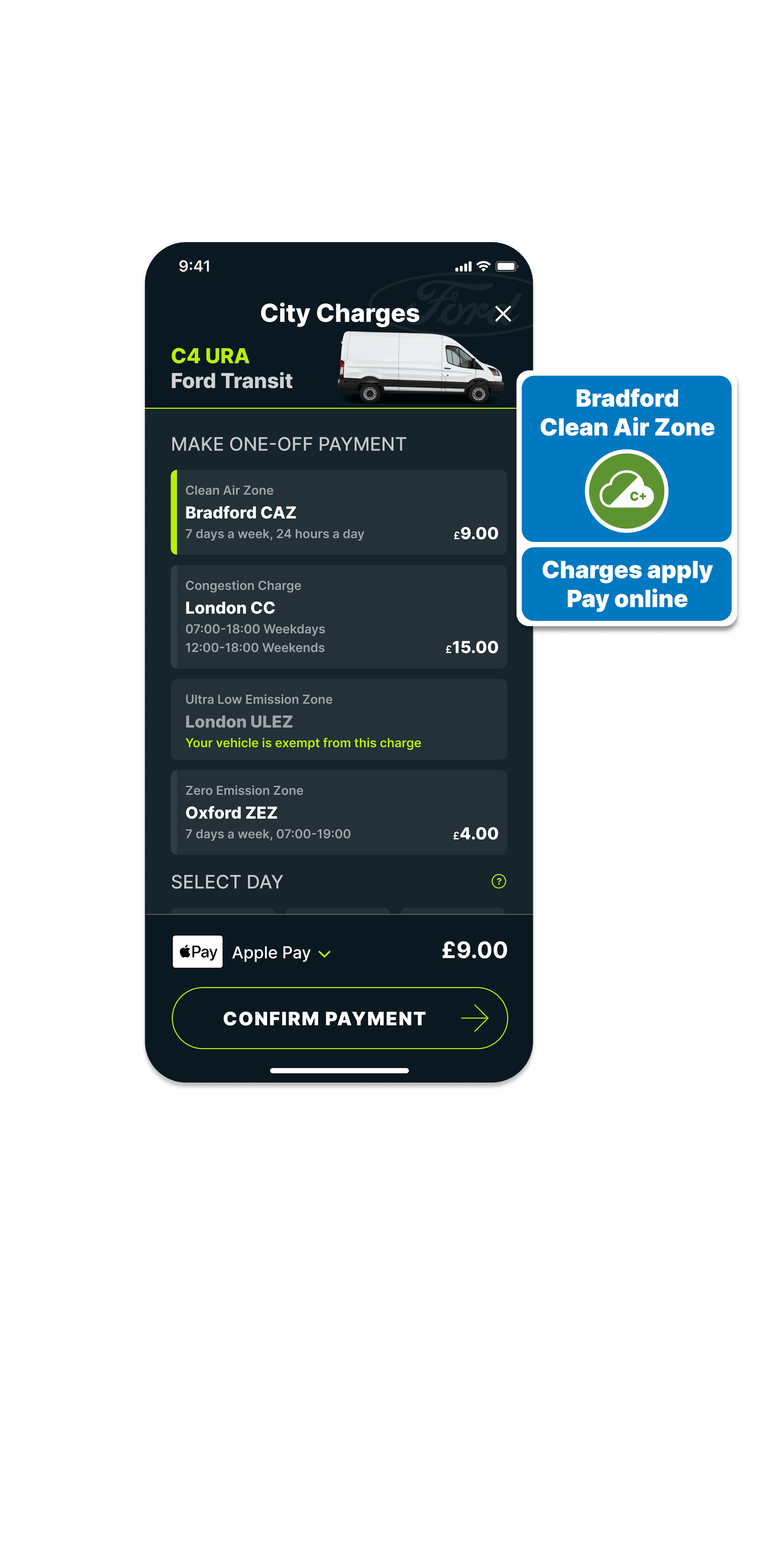 City Charges screen in the Caura app showing the Bradford CAZ charge and CAZ road sign