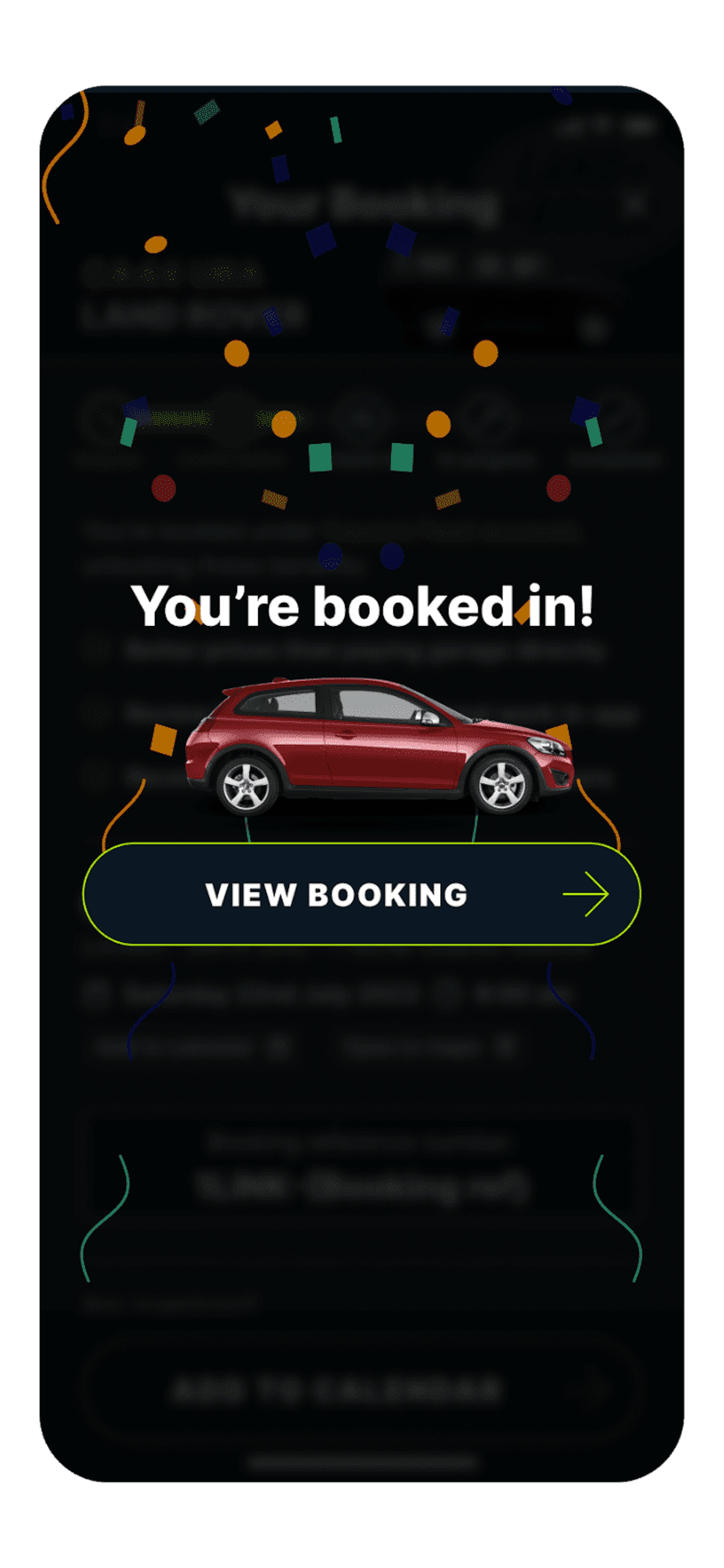 Caura app showing booking confirmed at Volvo main-dealer mechanic