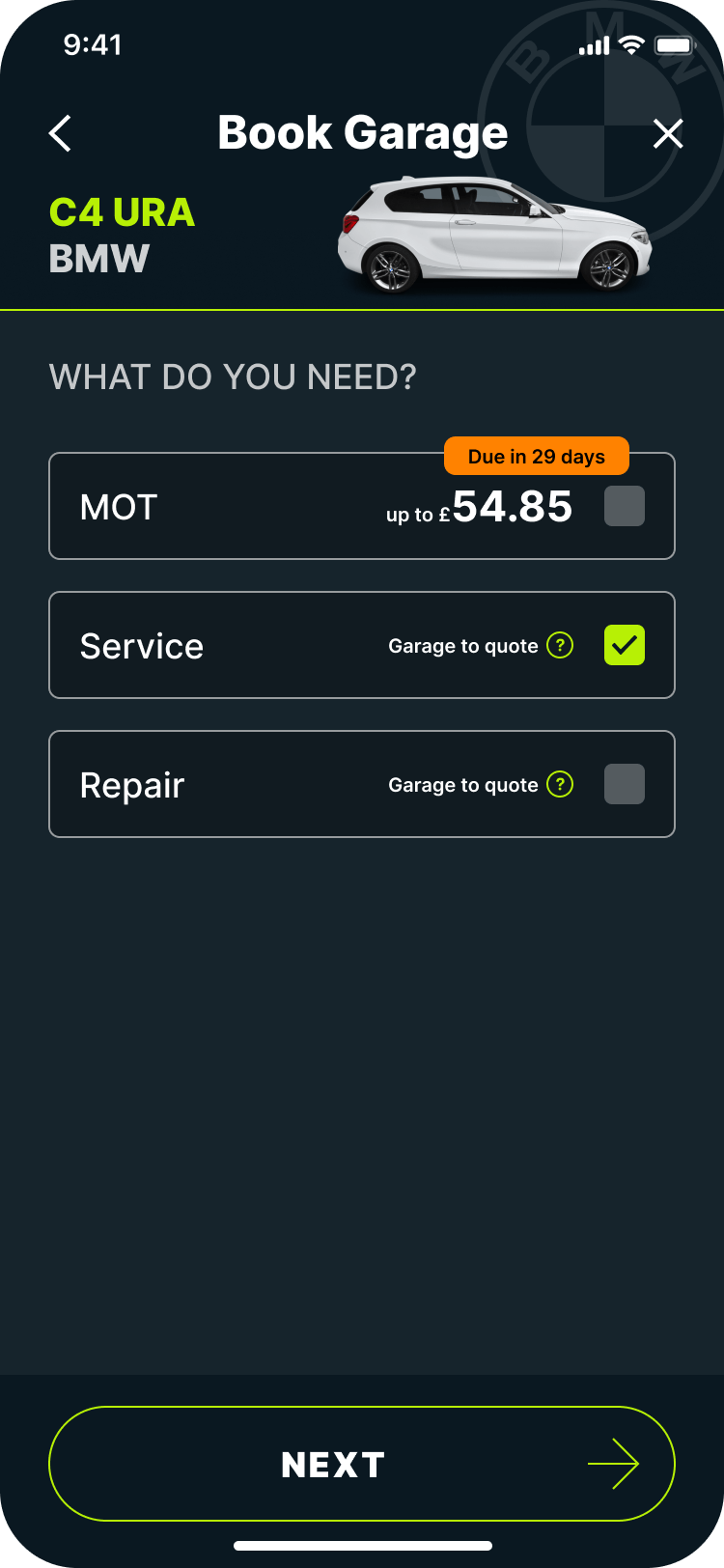 Caura Book Garage screen showing option for user to choose whether they want an MOT, car repair or service