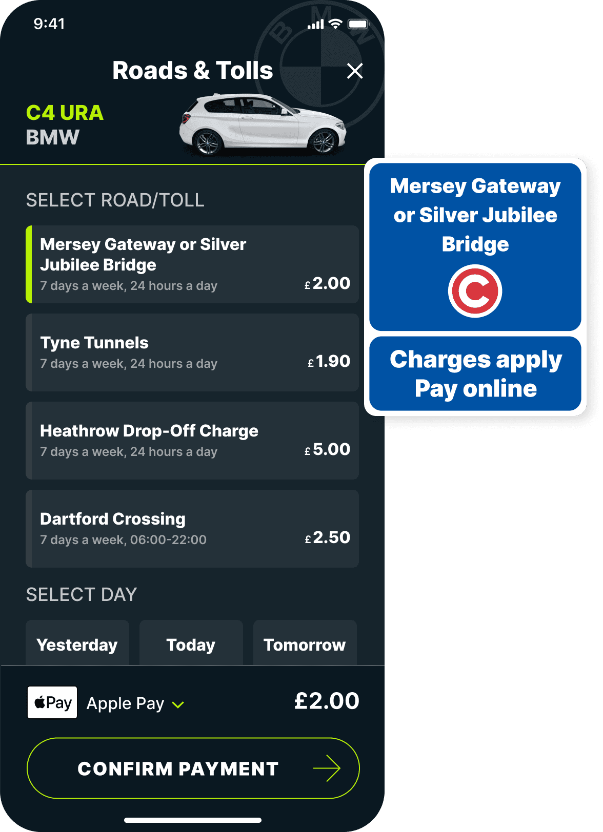 Caura payment screen for Merseyflow charges with the road sign