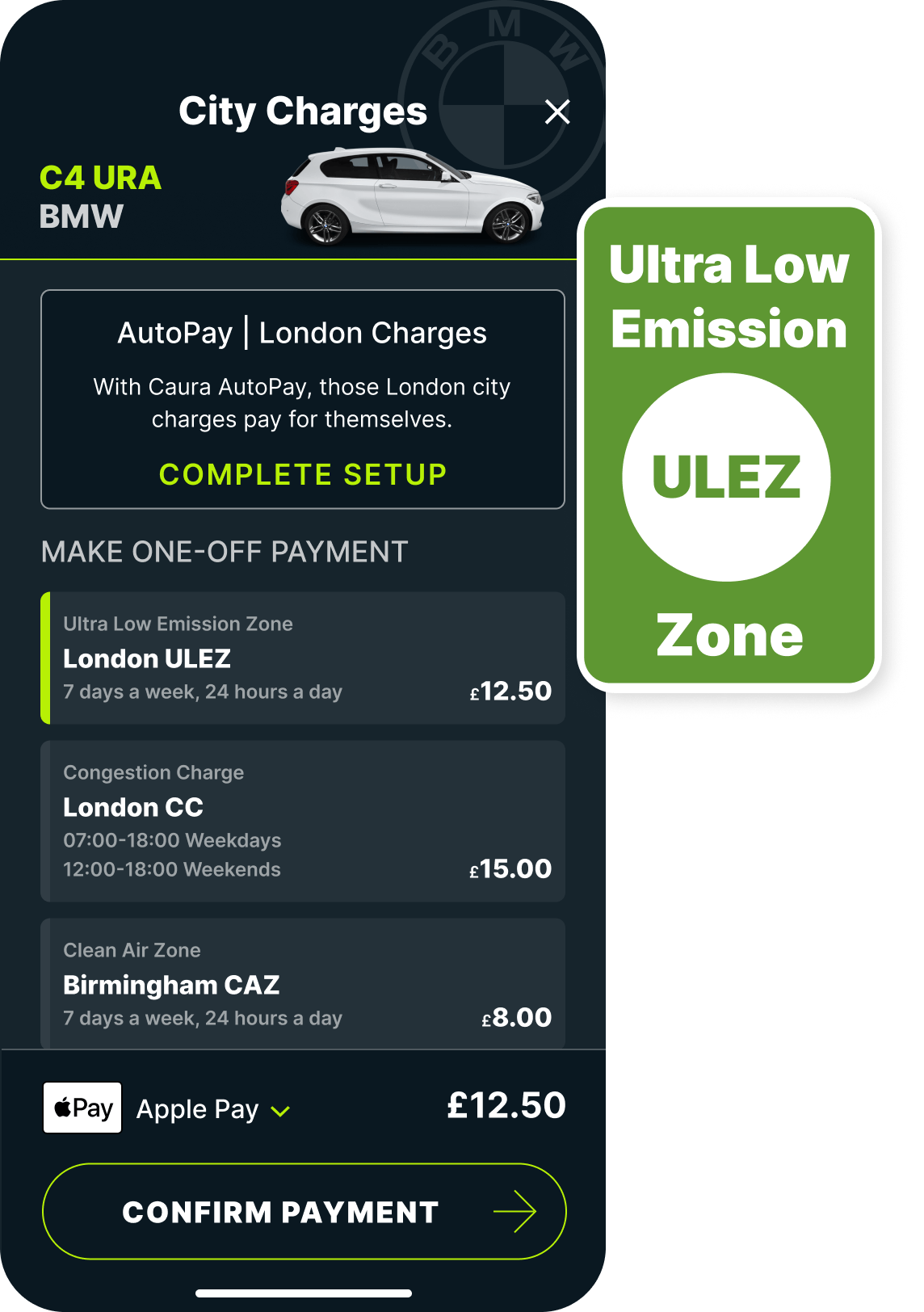 london ulez charge in the Caura app with ulez road sign