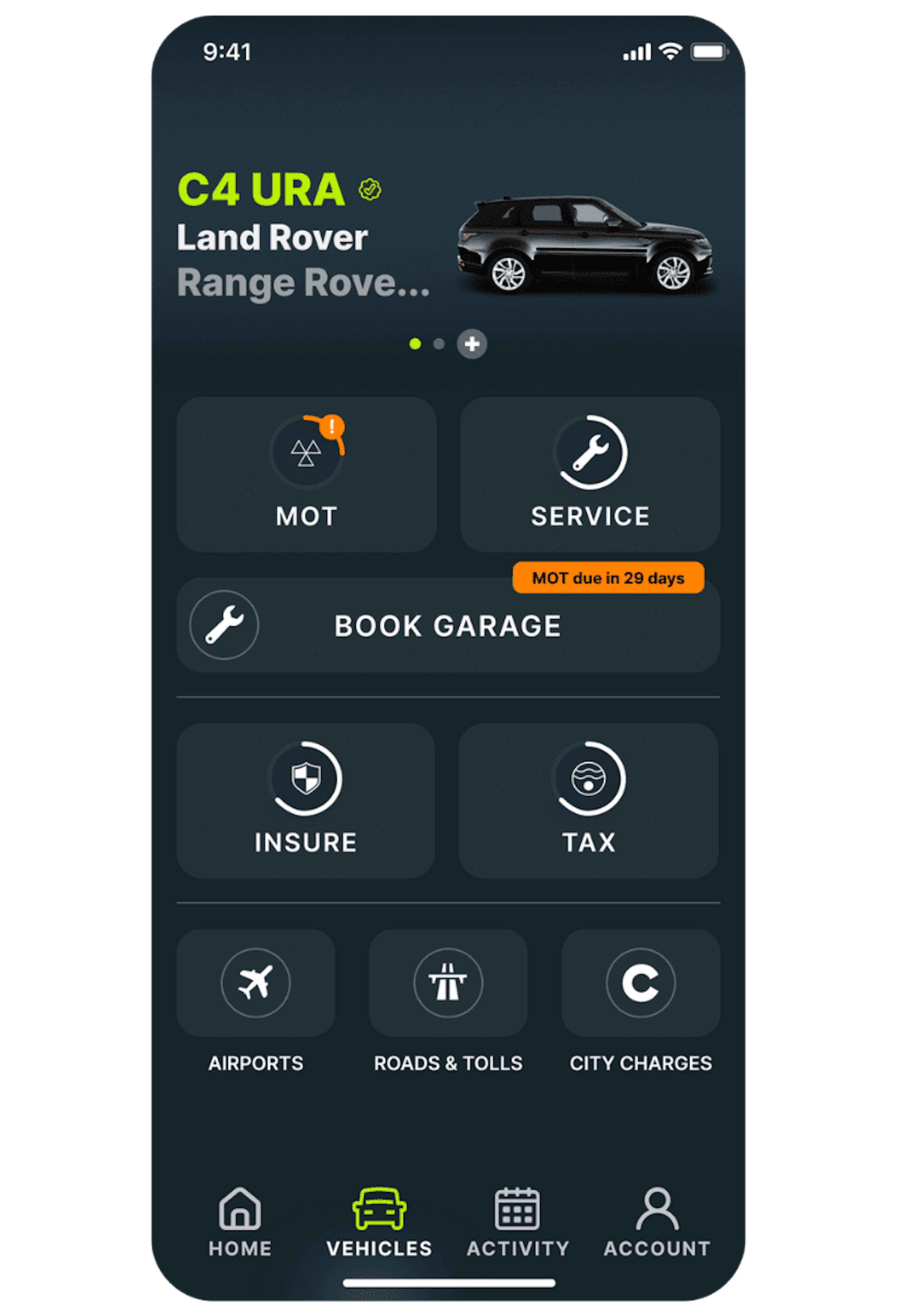 Land Rover home screen in the Caura app