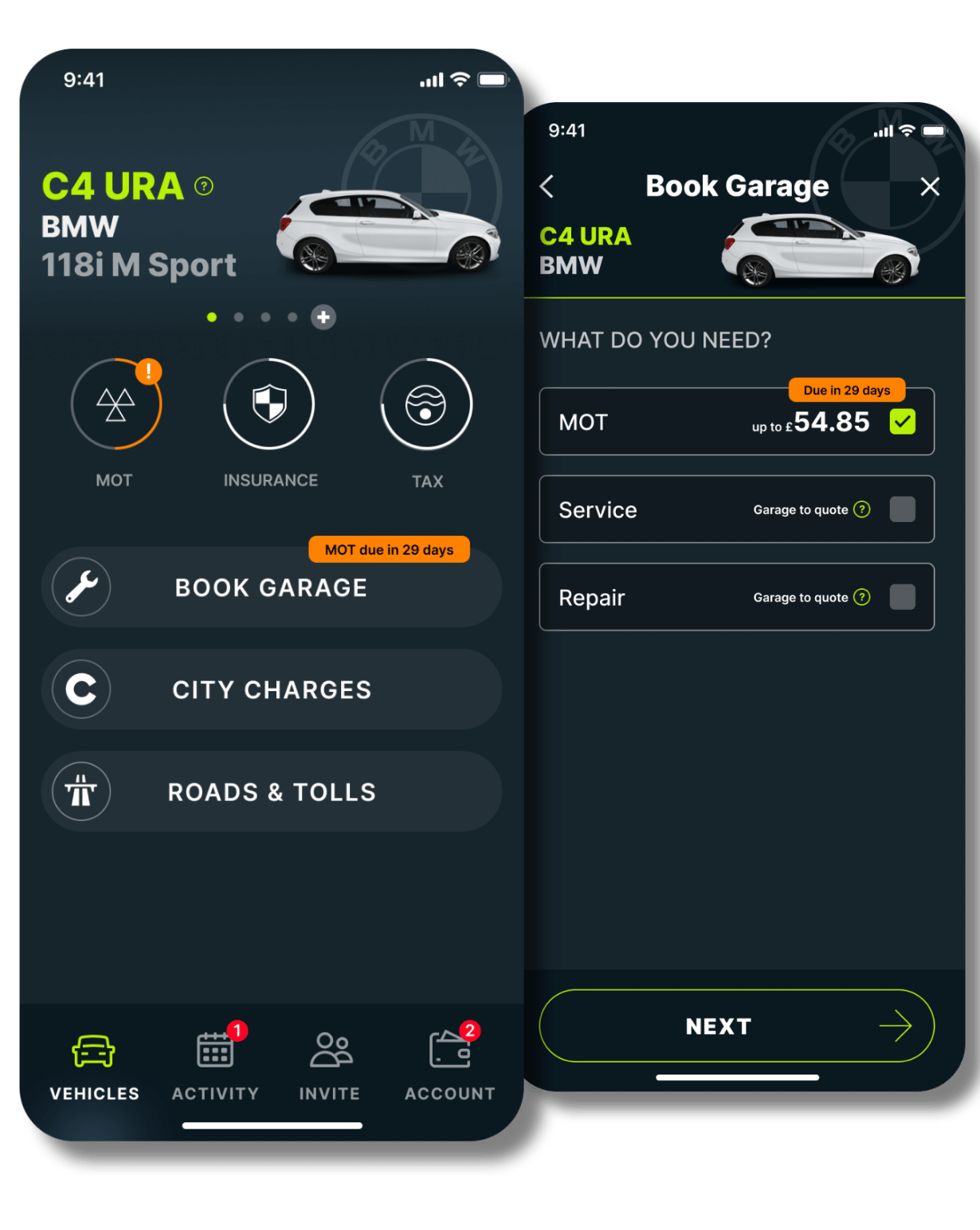 Caura home screen showing the new 'Book Garage' feature and MOT, car service and repair screen