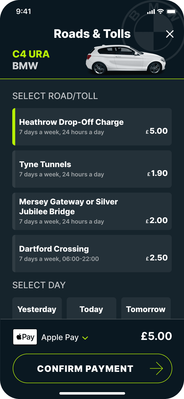 Heathrow toll charge in Caura app