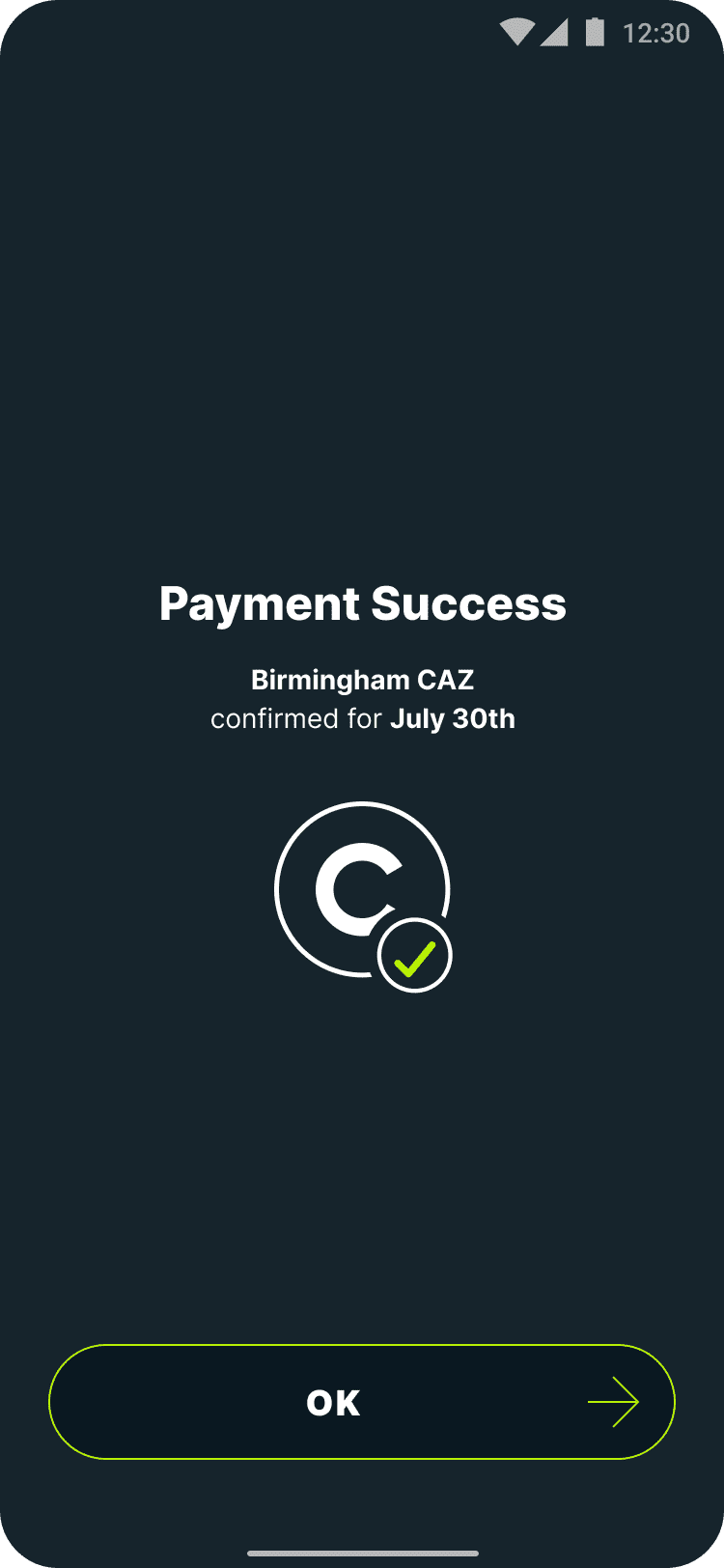 Caura app screen showing successful payment of the Birmingham CAZ charge