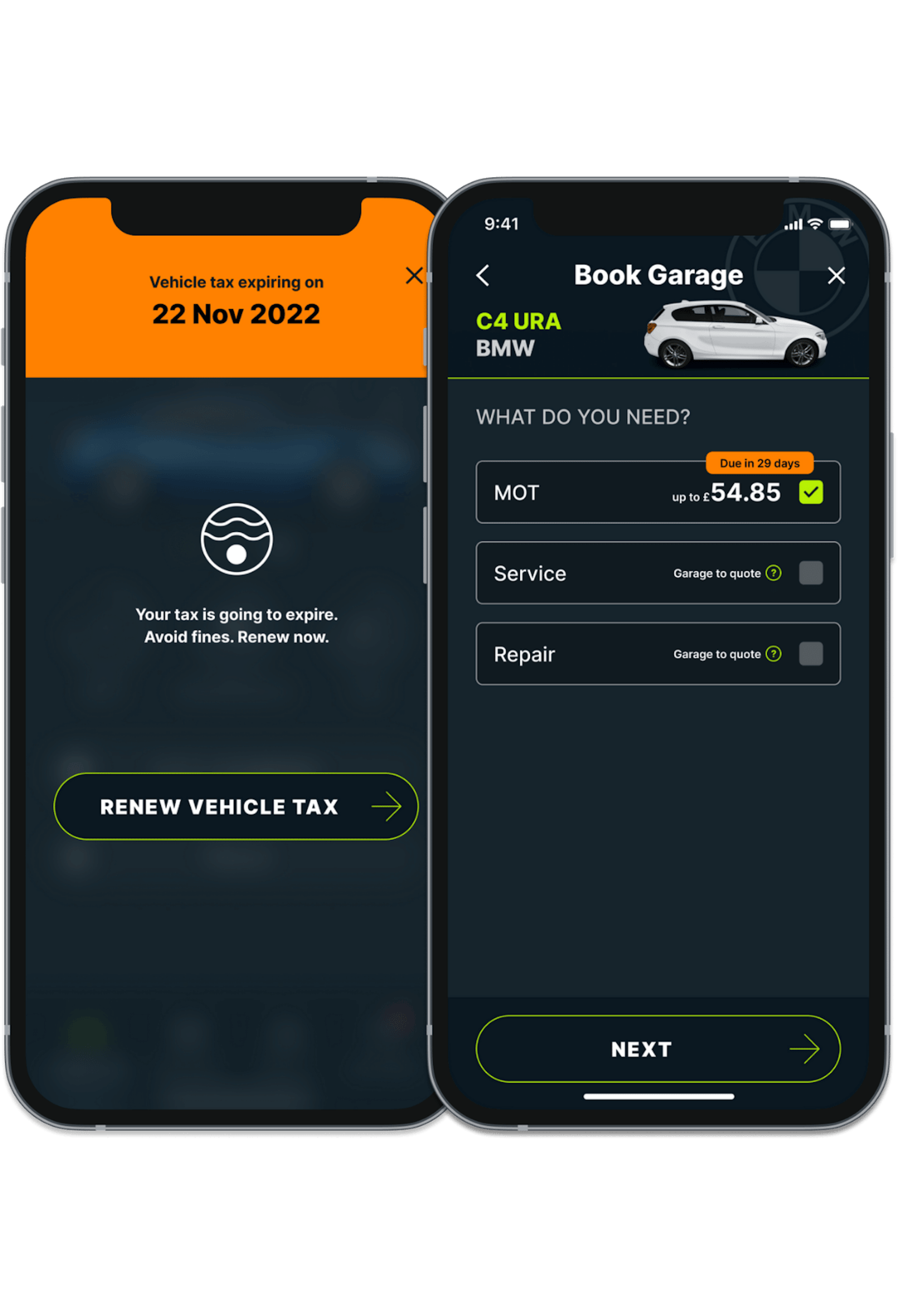 Screens showing you can check and renew MOT and tax in Caura