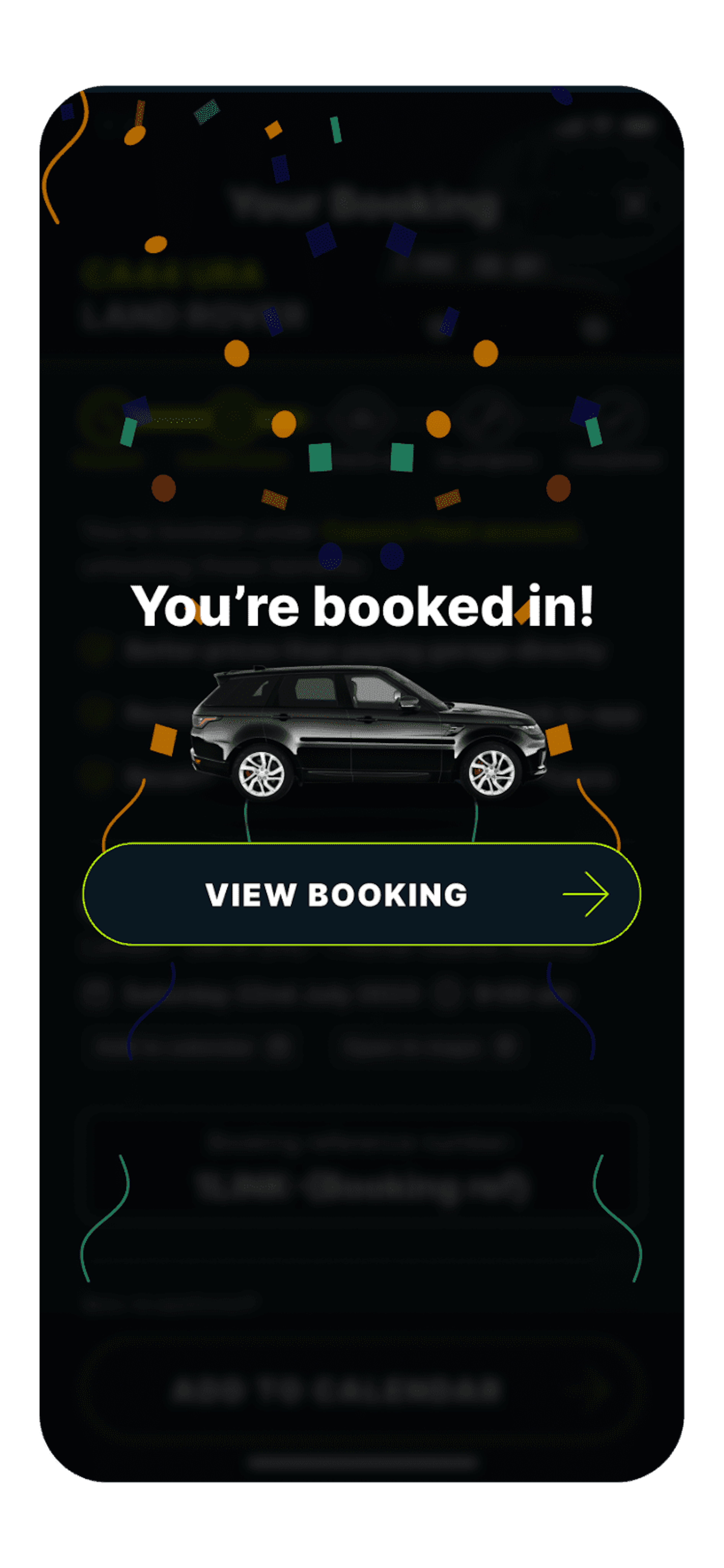 Booking confirmation for Range Rover vehicle at a main dealer garage in Caura