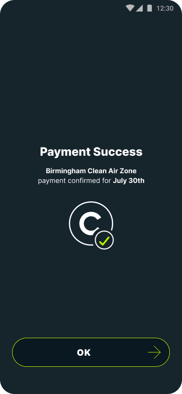 Payment confirmation screen for Birmingham CAZ charge