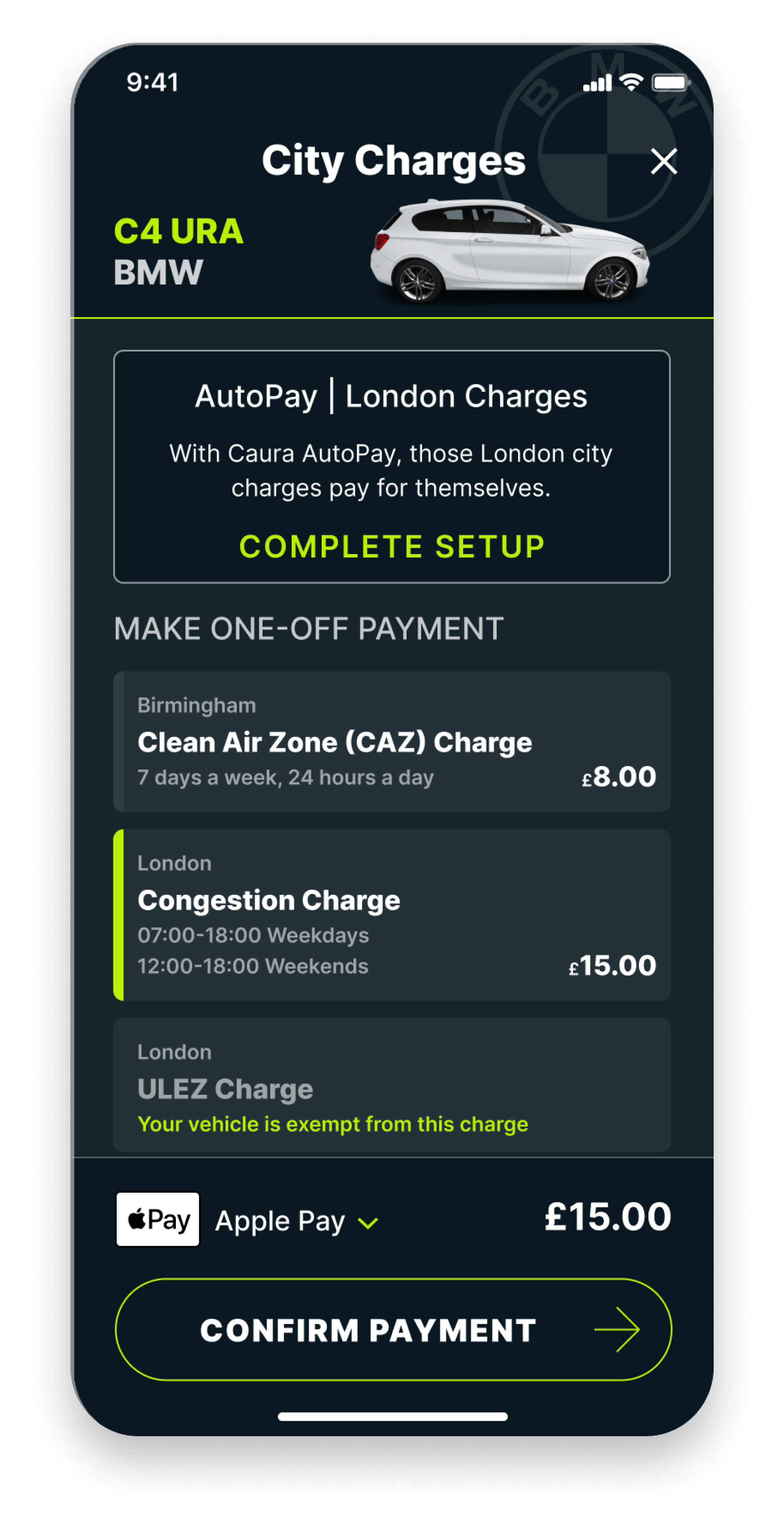 Paying for the London Congestion Zone on Caura, whilst also showing the Birmingham Clean Air Zone and London ULEZ Charge
