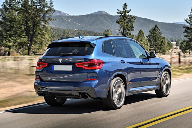 The rear exterior of a blue BMW X3
