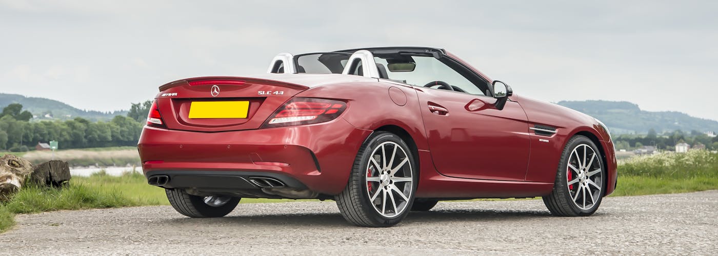The rear exterior of a red Mercedes-Benz SLC