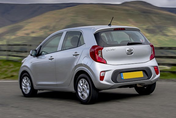The rear exterior of a Silver Kia Picanto