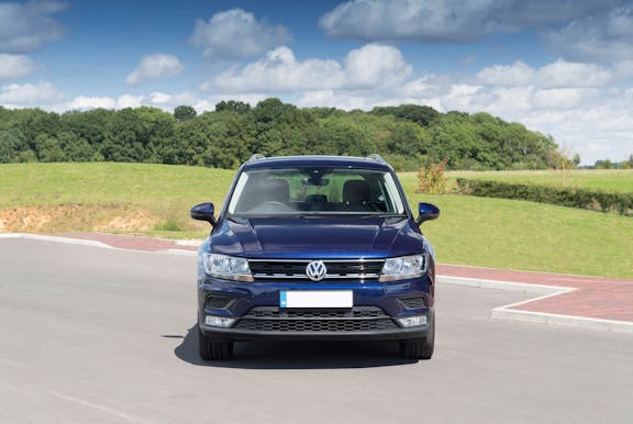 The exterior of a blue Volkswagen Tiguan